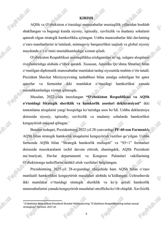 lakatlar o‘rtasidagi siyosiy, iqtisodiy, xavfsizlik va madaniy sohalarda hamkorlikning muhim tarkibiy qismiga aylangan. xalqaro maydonda oʻzbekistonning strategik manfaatlarini ta’minlash va global siyosiy jarayonlarda faol ishtirok etish uchun aqsh bilan aloqalarni chuqur tahlil qilish dolzarbligini oshiradi. shu bilan birga, ikki davlat o‘rtasidagi hamkorlik istiqbollari va mavjud muammolarni aniqlash bugungi kun uchun katta ahamiyatga ega. kurs ishining maqsadi. ushbu ishning maqsadi – aqsh va oʻzbekiston o‘rtasidagi munosabatlarning tarixiy rivojlanishi, zamonaviy holati va istiqbolli yo‘nalishlarini o‘rganish hamda tahlil qilishdir. kurs ishining vazifalari: · aqsh va oʻzbekiston munosabatlarining tarixiy asoslarini o‘rganish; · siyosiy, iqtisodiy va madaniy sohalardagi hamkorlikni tahlil qilish; · kelajakda hamkorlikni rivojlantirish yo‘nalishlarini aniqlash; · mavzu bo‘yicha mavjud manbalarni o‘rganish va izoh berish. kurs ishining obyekti va predmeti: aqsh va oʻzbekiston o‘rtasidagi ikki tomonlama munosabatlar, ularning rivojlanish jarayoni va shakllanishi. siyosiy, iqtisodiy va madaniy sohalardagi ikki davlat o‘rtasidagi hamkorlik, ularning rivojlanish yo‘nalishlari, istiqbollari va amaliy natijalari. kurs ishining nazariy va amaliy ahamiyati. …