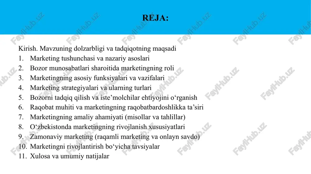 bozorni o‘rganish, mahsulotni targ‘ib qilish va raqobatbardoshlikni oshirish usullarining nazariy hamda amaliy jihatlari. marketing tushunchasi va nazariy asoslari marketing — bu bozorni chuqur o‘rganish, iste’molchilar ehtiyojini aniqlash va ularni qondiradigan mahsulot hamda xizmatlarni yaratish, narx belgilash, taqsimlash va targ‘ib qilish jarayonidir. marketingning asosiy maqsadi — mijoz ehtiyojini qondirish va korxonaga foyda keltirish. marketing konsepsiyasi vaqt o‘tishi bilan rivojlanib borgan: ishlab chiqarishga yo‘naltirilgan yondashuv (massaviy ishlab chiqarish va arzon narxlar) mahsulotga yo‘naltirilgan yondashuv (sifatni oshirish va mahsulotni takomillashtirish) sotuvga yo‘naltirilgan yondashuv (agressiv reklama va savdo strategiyalari) bozorga yo‘naltirilgan marketing (iste’molchi ehtiyojiga asoslanish) jamiyatga yo‘naltirilgan marketing (ijtimoiy va ekologik mas’uliyatni hisobga olish) marketing nazariyasi quyidagi asosiy tushunchalarga tayanadi: bozor va talabni tahlil qilish iste’molchi xatti-harakatini o‘rganish narx belgilash strategiyalari mahsulotni joylashtirish (tovar differensiallashuvi) taqsimot va reklama kanallarini rivojlantirish zamonaviy marketing nazariyasi raqamli texnologiyalar, onlayn savdo va global bozor sharoitida doimiy yangilanib bormoqda. bozor munosabatlari sharoitida marketingning roli raqobatbardoshlikni ta’minlaydi — marketing korxonalarga …