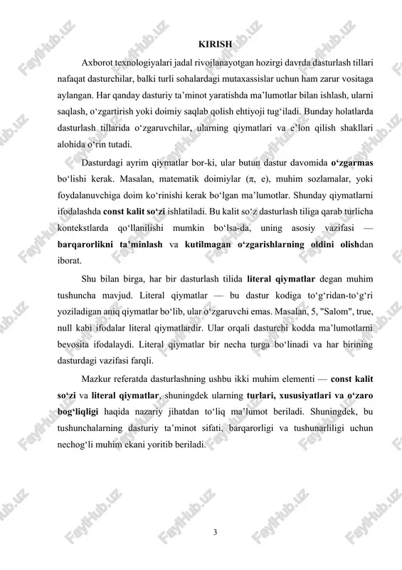 sh nazariyasi kontekstida, literal qiymat — bu dastur kodi ichida to‘g‘ridan-to‘g‘ri ifodalangan, o‘zgarmas va aniq ma’lumot birliklaridir. literal — bu kodning sintaktik elementidir, u dasturda o‘zgaruvchilar yoki funksiyalar orqali emas, balki bevosita ko‘rsatiladigan ma’lumotni ifodalaydi. shu bois, literal qiymatlar dasturiy ifodalar va algoritmlarning asosiy va eng sodda elementlari sifatida qaraladi. literal qiymatlar ma’lumotlarning dasturdagi statik ko‘rinishini tashkil etadi. ularning asosiy vazifasi — dasturga o‘zgarishsiz, qat’iy aniqlangan ma’lumotlarni kiritish. bu ma’lumotlar — har qanday hisoblash, o‘zgarish yoki tashqi omillarga ta’sirsiz bo‘lib, dastur to‘g‘ridan-to‘g‘ri ularga murojaat qiladi. nazariy nuqtai nazardan, literal qiymatlar kompilyator yoki interpretator tomonidan dastur sintaksisida alohida tan olinadi va ular tipik ma’lumot turlarining aniqlovchi elementlari sifatida ishlatiladi. har bir literal qiymat o‘zining ma’lum bir turiga mos keladi va shu tur orqali dasturda saqlanishi, boshqarilishi va ishlatilishi ta’minlanadi. masalan, raqamli literal qiymatlar raqamli tiplar bilan, matnli literal qiymatlar matnli tiplar bilan, mantiqiy literal qiymatlar esa boolean tip bilan bog‘lanadi. literal …