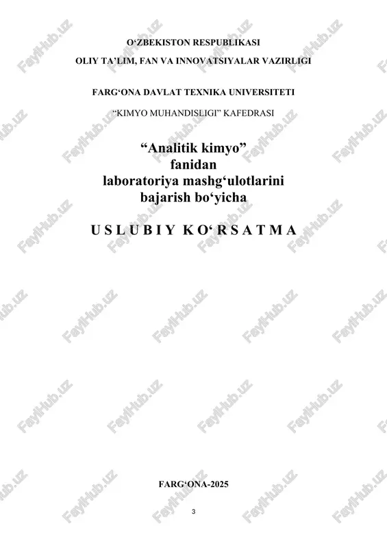 i bajarish. 11 3-laboratoriya ishi: anionlarni ochish reaksiyalari va aralashmasini analizi. anionlar ochish reaksiyalarini bajarish va aralashmasini analizini bajarish. 21 4-laboratoriya ishi: quruq tuzni (noma’lum tarkibli) analizini bajarish. 28 5-laboratoriya ishi: tortma analiz. xaydash usuli bo‘yicha analiz qilish yo‘li. yakka tartibda tarozida tortishni o‘rgatish. ishchi ishqor eritmasini tayyorlash va uni konsentrasiyasini aniqlash. 30 6-laboratoriya ishi: titrimetrik analiz. neytrallash usulida aniqlovchi va ishchi eritmalarni tayyorlashni bajarish. 36 7-laboratoriya ishi: ishchi ishqor eritmasining konsentrasiyasini aniqlash. berilgan kislotani foiz konsentrasiyasini aniqlash. 38 8-laboratoriya ishi: neytrallash usulida suvning karbonatli qattiqligini aniqlash. 41 9-laboratoriya ishi: permanganometriya usulida ishchi eritma tayyorlash, uni konsentrasiyasini va temirni miqdorini aniqlash ishini bajarish. 43 10-laboratoriya ishi: yodometriya usulida ishchi eritmani konsentratsiyasini aniqlash va shu usul bilan ishlash: eritmadagi misning miqdorini aniqlash 45 11-laboratoriya ishi: kompleksonometriya usulida ishchi eritmani konsentrasiyasini va suvini umumiy qattiqligini aniqlash. 46 12-aboratoriya ishi: spektrofotometriya yordamida moddaning konsentratsiyasini aniqlash. 48 sifat reaksiyalarini bajarish texnikasi. ishning maqsadi: sifat …