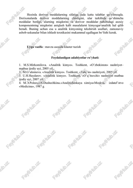 hun elementlarning xossalaridagi o‘xshashliklardan foydalanish imkonini berdi. d.i.mendeleyevning zamondoshi n.a.menshutkin vodorod sulfid usuli bo‘yicha kationlarni analitik gruppalarga bo‘lishni taklif etdi. analitik kimyo fanining rivojlanishida 1871- yilda n.a.menshutkin tomonidan yozilgan „analitik kimyo“ darsligi katta rol o‘ynadi. m.a.ilinskiy va l.a.chugayevlar birinchi bo‘lib kimyoviy tekshirishlarda organik reaktivlarni qo‘llab, analitik kimyo fanining rivojlanishiga o‘zlarining salmoqli hissalarini qo‘shdilar. n.a.tananayev fanga juda oddiy va iqtisodiy jihatdan tejamkor tomchi usuli bilan analiz qilishni kiritdi. s. arrenius tomonidan 1887- yilda elektrolitik dissotsilanish nazariyasining ishlab chiqilishi analitik kimyo fanining rivojlanishiga katta turtki bo‘ldi. 1922- yilda y.geyrovskiy tomonidan polyarografik analiz usuli ishlab chiqildi. i.p. alimarin tekshiriladigan obyektlar tarkibida eng kam miqdordagi aralashmalarni ion almashinish va taqsimlanish xromatografiyasi usullari yordamida aniqlashga muyassar bo‘ldi. kimyo sanoatining jadal rivojlanishi yangi fizikaviy tekshirish usullarining paydo bo‘lishiga va rivojlanishiga sabab bo‘lmoqda. hozirgi paytda anorganik va organik moddalarni spektroskopiya, yadro-magnit rezonansi (ymr), elektron paramagnit rezonansi (epr) usullari bilan analiz qilish keng qo‘llanilmoqda. hozirda elementlarning radioaktivligiga asoslangan …