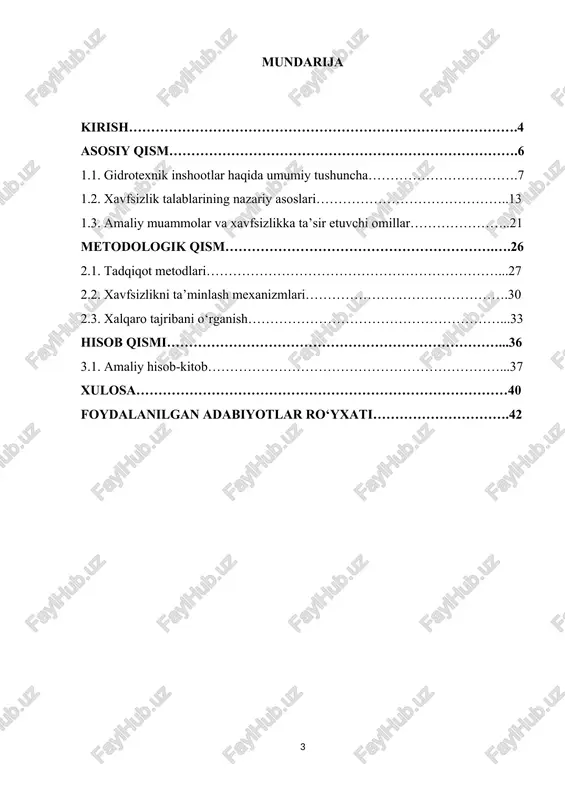 unki gidrotexnik inshootlarning nosozligi, seysmik barqarorlikning yetarli darajada ta’minlanmasligi, texnik xizmat ko‘rsatishdagi kamchiliklar yoki tabiiy ofatlar natijasida yuzaga kelishi mumkin bo‘lgan avariyalar katta miqdordagi moddiy zarar, ekologik muvozanatning buzilishi va eng asosiysi, inson hayoti uchun xavf tug‘dirishi mumkin. masalan, tarixda yirik gidrotexnik inshootlarning buzilishi oqibatida yuz minglab odamlar hayotdan ko‘z yumgan, butun shaharlar va qishloqlar suv ostida qolgan. shu sababli, bugungi kunda gidrotexnik inshootlarga qo‘yiladigan xavfsizlik talablarini ishlab chiqish va unga qat’iy amal qilish juda katta ahamiyatga ega. o‘zbekiston respublikasi suv resurslariga boy mamlakatlardan biri hisoblanadi. mamlakatimiz hududida ko‘plab daryolar, suv omborlari, kanallar va boshqa gidrotexnik inshootlar mavjud. xususan, amudaryo va sirdaryo havzalarida qurilgan yirik suv omborlari, navoiy, toshkent, samarqand, farg‘ona viloyatlarida barpo etilgan gidrotexnik tizimlar iqtisodiyotimizning turli sohalarida – energetika, sug‘orish, sanoat va ichimlik suvi ta’minotida muhim rol o‘ynaydi. bugungi kunda gidrotexnik inshootlarning xavfsizligini ta’minlash bo‘yicha nafaqat milliy, balki xalqaro miqyosda ham ko‘plab chora-tadbirlar amalga oshirilmoqda. xalqaro komissiyalar (masalan, …