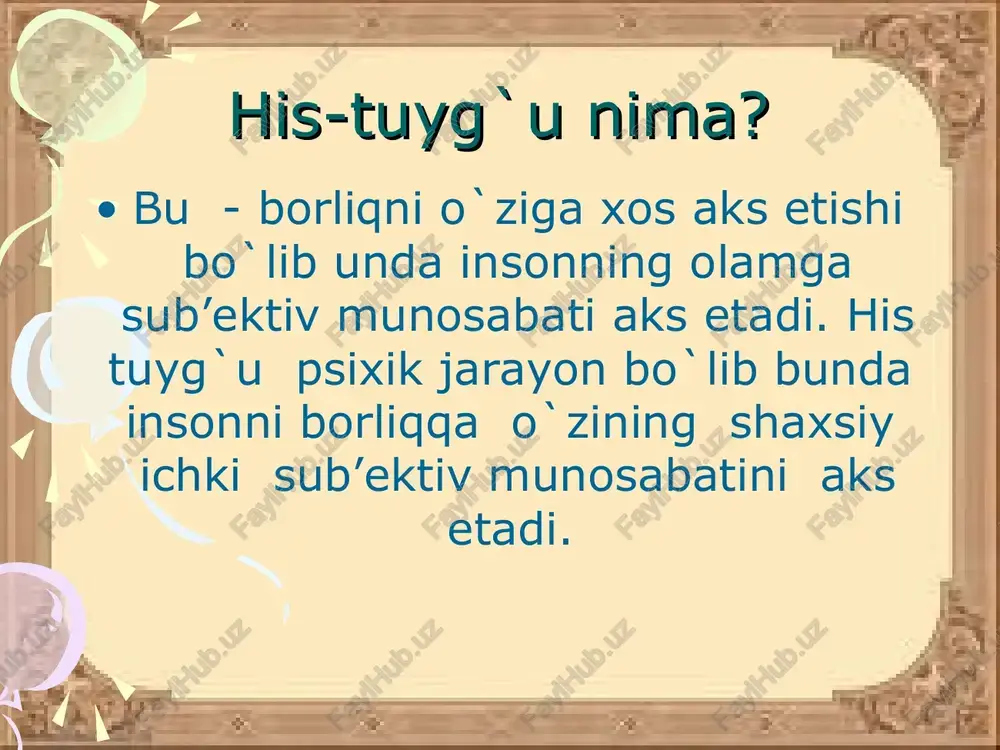 o`zg`alishlar odam uchun xotirjamlik haqidagi signalga aylanadi. intellektual hislar aqliy faoliyat jarayonida hosil bo`ladigan kechinmalarga aytiladi. ushbu hislar haqqoniy fikrlarga, soxta, ajablanarli, shubhali yoki tushunib bo`lmaydigan, hayratda qoldiradigan fikrlarga bo`lgan munosabatlari ifodalanadi. intellektual hislarga ajablanishini kiritish mumkin. ajablanish inson bilish faoliyatining ajralmas tomonidir. ajablangan va qandaydir tushunib bo`lmagan hayratda qoldiradigan narsaga qaratish odamning bilish ehtiyojlarini qondirishga intilishdir. ajablanish odamning bilish bilan bog`liq faoliyatini yuzaga keltirishga undovchi omillardan biridir. ajablanish inson bilish faoliyatining ajralmas tomonidir. ajablangan va qandaydir tushunib bo`lmagan hayratda qoldiradigan narsaga qaratish odamning bilish ehtiyojlarini qondirishga intilishdir. ajablanish odamning bilish bilan bog`liq faoliyatini yuzaga keltirishga undovchi omillardan biridir. hissiyotlarni o`rganish uchta yo`nalishi bo`yicha amalga oshiriladi. anglanmagan holda namoyon bo`luvchi asab tizimi, endokrin, ovqat xazm qilish va boshqa tizimlardagi o`zgarishlar bilan bog`liq jarayonlarni; anglangan sezgilar bilan bog`liq jarayonlarni. yuz ifodasi, imo-ishora va hatti -harakatlarda namoyon bo`luvchi hissiyotlar yig`indisini o`rganish. hissiyotlar o`zining kuchi, davomiyligi, sifati va mazmuniga ko`ra ham farq qilishi …
