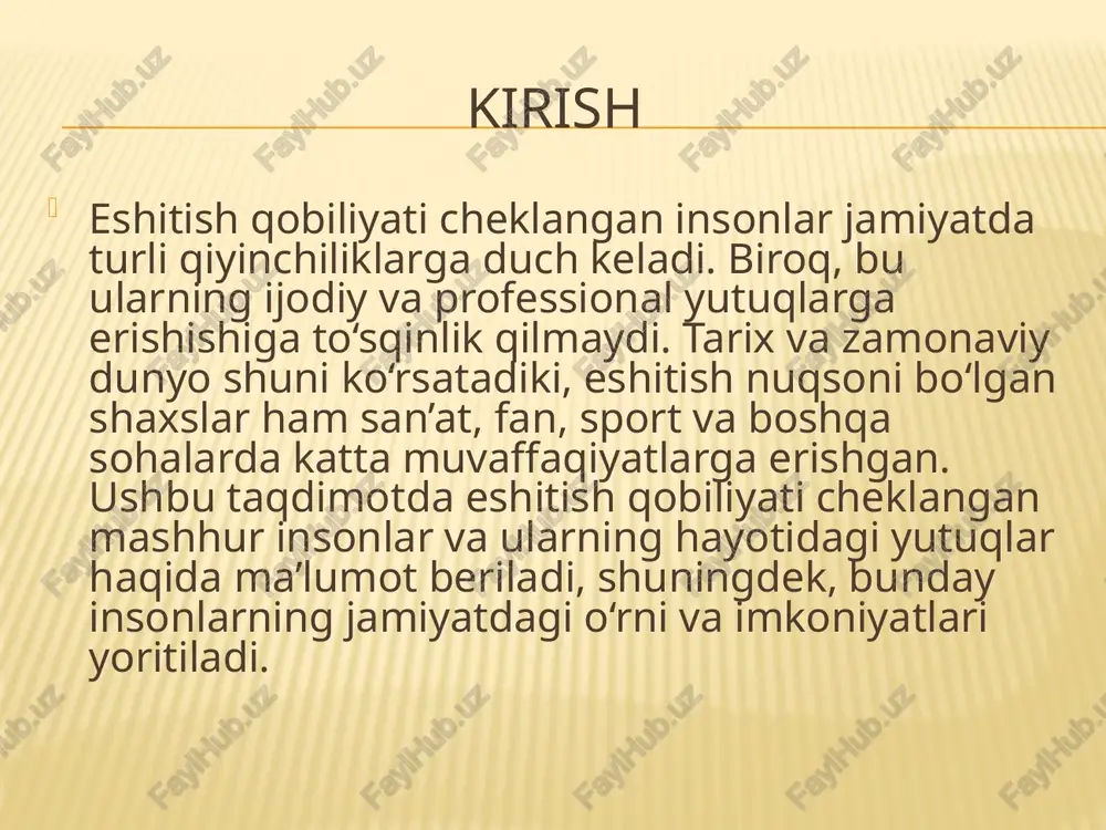 gaytiradi. zamonaviy texnologiyalar, maxsus ta’lim va jamiyatning qo‘llab-quvvatlashi orqali eshitish nuqsoni bo‘lgan shaxslar ham o‘z orzulariga erishishi mumkin. shu sababli, nogironlik insonning yutuq va ijodiy salohiyatiga to‘sqinlik qilmaydi, balki yangi imkoniyatlarni ochadi. foydalanilgan adabiyotlar akbarov, sh. “nogironlar va ularning jamiyatdagi o‘rni.” – toshkent, 2015. karimova, l. “eshitish qobiliyati cheklangan shaxslar: tarix va zamonaviy hayot.” – toshkent, 2018. xolmatov, t. “nogironlar huquqlari va ijtimoiy integratsiya.” – samarqand, 2017. saidova, m. “mashhur insonlar va nogironlik: ilhom manbalari.” – toshkent, 2019. nazarov, b. “eshitish qobiliyati cheklangan shaxslar va texnologiyalar.” – toshkent, 2020. internet manbalar: https://www.nyle.com/ https://www.marleematlin.com/ https://www.helenkeller.org/ e’itiboringiz uchun rahmat image3.jpeg image4.jpeg image5.jpeg image6.jpeg /docprops/thumbnail.jpeg