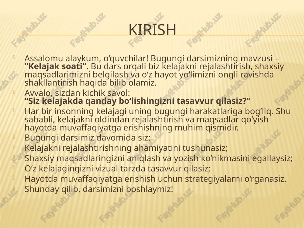 elajakni yaratishdagi yondashuvlari bizga ilhom beradi. har bir inson o‘z kelajagini bugundan shakllantira boshlashi mumkin. ijobiy fikrlash va o‘z maqsadlariga sodiq qolish muvaffaqiyat kalitidir. mashq: o‘quvchilar o‘zlarini ilhomlantiruvchi so‘zlar yoki shiorlar yozadilar. guruhda bir-biriga motivatsion so‘zlar aytish. vizual ko‘rsatmalar: motivatsion rasm: tog‘ni zabt etayotgan inson, maqsad sari intilayotgan qadamlar. ranglar: iliq va yorqin ranglar – energiya va rag‘bat. piktogrammalar: yulduz, nishon, qalb – muvaffaqiyat va motivatsiya ramzi. xulosa bugungi darsda biz kelajakni rejalashtirish va maqsad qo‘yishning ahamiyatini o‘rgandik. smart prinsipi orqali maqsadlarimizni aniq, o‘lchab bo‘ladigan va erishish mumkin bo‘lishini tushundik. kelajak tasavvuri va rivojlanish strategiyalari bizga hayotimizni ongli ravishda shakllantirishga yordam beradi. motivatsiya va ilhom esa bizni harakatga undaydi, muvaffaqiyat sari bosqichma-bosqich olib boradi. endi sizning vazifangiz – o‘z kelajak rejangizni yozish, unga amal qilish va orzularingiz sari qat’iyat bilan intilishdir. foydalanilgan adabiyotlar abdullayev, s. shaxsiy rivojlanish va kelajakni rejalashtirish. toshkent: “fan va ta’lim”, 2020. islomova, m. maqsad qo‘yish va …