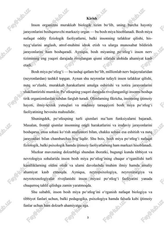 olti qatlamdan tashkil topgan: molekulyar qatlam – nerv tolalari va yulduzsimon hujayralardan iborat bo‘lib, asosan yuqori darajadagi aloqalarni ta’minlaydi. tashqi donador qatlam – kichik nerv hujayralaridan tashkil topgan bo‘lib, sezgi axborotlarini qayta ishlashda ishtirok etadi. 5 tashqi piramidal qatlam – piramida shaklidagi nerv hujayralaridan iborat bo‘lib, ular sezgi va harakat impulslarini uzatishda muhimdir. ichki donador qatlam – sezgi organlaridan kelayotgan axborotlarni qabul qiladi. ayniqsa, ko‘rish va eshitish analizatorlari shu qatlam bilan chambarchas bog‘liq. ichki piramidal qatlam – eng yirik piramidal hujayralardan (betz hujayralari) tashkil topgan. bu hujayralar harakat faoliyatining asosiy markazi hisoblanadi. polimorf qatlam – turli shakldagi hujayralardan iborat bo‘lib, yuqori nerv faoliyatida muhim o‘rin tutadi. po‘stloq katta yarim sharlarning bo‘laklarga ajratilganligi bilan ham xarakterlanadi. har bir bo‘lakning o‘ziga xos funksiyalari mavjud: peshona bo‘lagi (lobus frontalis) – tafakkur, irodaviy faoliyat, nutq va ongli harakatlarni boshqaradi. shuningdek, inson shaxsiyatini belgilovchi eng muhim markazlardan biridir. tepa bo‘lagi (lobus parietalis) – tana sezgilari, …