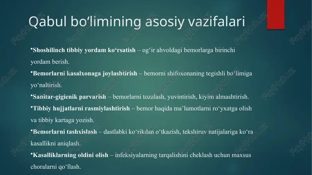 o‘limida aniqlanadigan keyingi ko‘rsatkich ko‘krak qafasining aylanasi xisoblanadi. bu ko‘rsatkich teri osti yog‘ to‘qimasi va skelet tizimining umumiy xolatini aks bemorlarni qabul qilish tartibi qabul bo‘limida bemorlarni qabul qilish turli yo‘llar bilan amalga oshiriladi: tez yordam orqali olib kelish – shoshilinch yordam mashinasida olib kelingan bemorlar. o‘z xohishi bilan kelgan bemorlar – mustaqil ravishda shifoxonaga murojaat qilganlar. yo‘llanma asosida kelgan bemorlar – poliklinika yoki boshqa shifoxona tomonidan yuborilganlar. qayta murojaat qilgan bemorlar – oldin davolangan, lekin yana tekshiruv yoki davolanishga kelganlar. bemorlar qabul qilinganda sanitar ishlovdan o‟tishlari kerak. to‘liq sanitar ishlov berish bemorni vannada yoki dush ostida yuvintirish, ich kiyimlarini dezinfektsiyalash va dezinsektsiyalash, shuningdek, xonaga sanitargigienik ishlov berishni o‘z ichiga oladi. qisman sanitar ishlov berish - tanani qisman yuvishni va ich kiyimlarni almashtirishni o‘z ichiga oladi. bemorlarga boshqa ich kiyim berilganidan so‘ng, ular shu ich kiyimda bo‘limga kirishadi. xozirgi vaqtda bu qoidaga doim xam amal qilinmaydi, asosan maxsus va xarbiy …