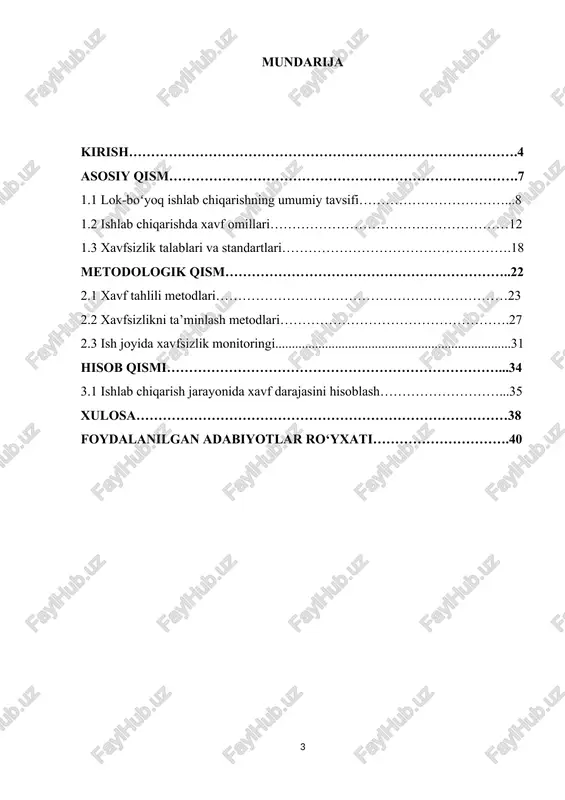 lantirishi, ishchilar salomatligiga zarar yetkazishi mumkin. shu sababli, xavfsizlik talablari ishlab chiqarish jarayonining ajralmas qismi hisoblanadi. kurs loyihasining maqsadi – lok-boʻyoq ishlab chiqarish jarayonida yuzaga keladigan xavflarni aniqlash, ularni oldini olish va xavfsizlikni ta’minlash usullarini o‘rganish, shuningdek amaliy hisob-kitoblar orqali xavf darajasini baholash. loyiha doirasida ishlab chiqarishning texnologik bosqichlari, xavf omillari, xavfsizlik standartlari va ularni tatbiq etish metodlari keng tahlil qilinadi. ushbu loyihada quyidagi vazifalar bajariladi: lok-boʻyoq ishlab chiqarish jarayonining umumiy tavsifi va asosiy bosqichlarini aniqlash; ishlab chiqarishda yuzaga keladigan xavf omillarini tizimli ravishda o‘rganish; xavfsizlik talablari va standartlarini tahlil qilish, amaliyotga tatbiq etish yo‘llarini aniqlash; ish joyidagi xavf darajasini baholash va uni kamaytirish usullarini ko‘rsatish. shuningdek, kirish qismida ta’kidlanishicha, lok-boʻyoq ishlab chiqarish jarayonida xavfsizlik choralari ishlab chiqarish samaradorligini oshirish, ishchilarning sog‘ligini himoya qilish va atrof-muhitni muhofaza qilish uchun muhim ahamiyatga ega. xavfsizlik talablari faqat ishchilarning hayotini saqlash bilan cheklanmay, balki korxonaning iqtisodiy barqarorligini ta’minlashda ham muhim rol o‘ynaydi, chunki …