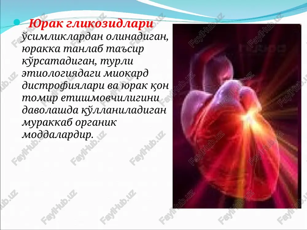 ash, bosh ogrishi 7.kurkish, alaksirash, gallyutsinatsiya digitalizatsiya- bu yurak glikozidlarini kullash usuli. yurak glikozidlarini organizmga yuborish 2 etapda amalga oshiriladi: 1-etapda tanlangan dori vositasi «tuyintiruvchi doza»da yuborilib, birinchi farmakologik effektga erishilganidan sung, 2-etapga, ya'ni «saqlab turuvchi doza»ga o'tiladi. yuborish usuli bemor holatining og'irligiga va kasallikning kechishiga bog'lik bo'lib, digitalizatsiya 3 tipdan iborat: 1) tez tipdagi digitalizatsiyada organizm 24-36 soat ichida yurak glikozidlari bilan «to'yintiriladi»; 2) o'rtacha tipdagi digitalizatsiya usulida bu samaraga 3 sutka ichida erishiladi; 3) sekin tipdagi digitalizatsiya usulida esa organizm 5-7 sutka ichida «tuyintiriladi». digoksin (digoxinum) kattalardagi urtacha dozosi 0,00025 g (ichishga) . venaga (sekinlik bilan!) 0,025% 1-2 mli 10 ml 5%, 20% glyukoza eritmasiga kushib yuboriladi. chikarilish shakli: tabletka 0,00025 g dan; ampulada 1 ml 0,025% . digitoksin (digitoxinum) tabletka va rektal shamchalar kurinishida kabul kilinadi. kattalarga 0,0005 g,kunlik 0,001 g. chikarilish shakli tab 0,0001 g, strofantin k (strophanthinim k) vena ichiga sekinlik bilan 5-6 min 0,5 …