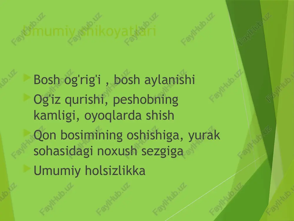 d ta'sir uchun 4) sol. elginarin 100.0 v/i tomchilab serebrokardioprotektor ta'siri uchun dori nomi chiqarilish shakli farmakodinamikasi farmakokinetikasi nojo'ya ta'sirlari tiotsetam 10 ml eritma 5 ampula serebroaktiv nootrop vositasi ishemiklarga qarshi, antioksidant va membranani barqarorlashtiruvchi yaxshi so'riiladi, organizmda deyarli metabolizmga uchramaydi va siydik bilan chiqariladi bosh og'rig'i, umumiy zaiflik; ko'ngil aynishi, qusish, diareya; allergik reaktsiyalar, shu jumladan toshmalar raksoban tabletka 20 mg n30 selektiv bevosita omil xa inhibitori , antikoagulyant metabolitlar shaklida chiqariladi, ularning yarmi buyraklar orqali, qolgan yarmi esa najas bilan chiqariladi. postgemorragik anemiyaga olib kelishi mumkin yashirin yoki ochiq qon ketish xavfining oshishi omez kapsula 20 mg n30 kislotali muhitda faollashib proton pompasining h + -k + -atpazasini ingibirlaydi jigarda to'liq metabollanadi. najas bilan chiqariladi bosh og'rig'i, uyquchanlik ko'ngil aynishi, qusish, meteorizm, ich qotishi, diareya, qorin og'rig'i mening xulosam ; • dori preparatlari metobolizmni yaxshilashga qaratilgan va bemor ahvoli ancha yaxshilashga qaratilgan, trombositlarga tasir qilishga , membranani barqarorlashtiruvchi …