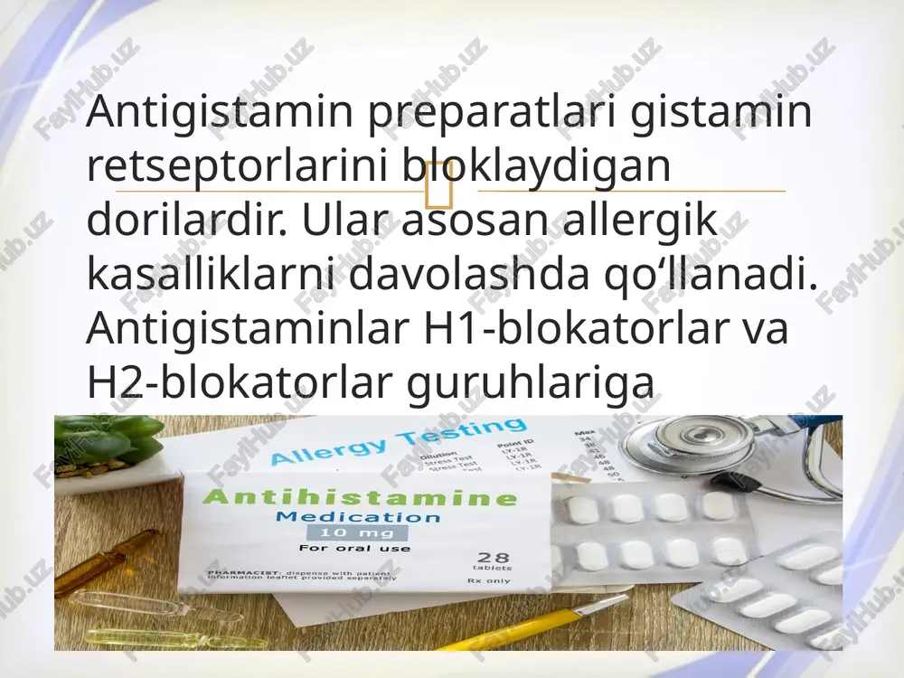 jarrohlik amaliyotlarida ham ishlatiladi. uyqusizlik va asabiylik preparatlar: dimedrol, prometazin ta’siri: uyquchanlik chaqiradi va asab tizimini tinchlantiradi. jarrohlik amaliyotlari oldidan (premedikatsiya) preparatlar: prometazin ta’siri: sedativ va nevrologik va anesteziyada qo‘llanilishi  ba’zi antigistaminlar kimyoterapiya va boshqa muolajalarga javoban yuzaga keladigan allergik reaktsiyalarni oldini olish uchun ishlatiladi. kimyoterapiyadan keyingi ko‘ngil aynishi preparatlar: prometazin ta’siri: ko‘ngil aynishi va qusishni kamaytiradi. qon quyish reaktsiyalarining oldini olish preparatlar: suprastin yoki tavegil in’ektsiya shaklida. onkologiya va gematologiyada qo‘llanilishi  bolalar uchun antigistaminlar nafaqat allergiya, balki boshqa muammolarni ham hal qilish uchun qo‘llaniladi. bolalarda diatez va allergik toshmalar preparatlar: fenkarol, loratadin (siroplar shaklida) ta’siri: allergik simptomlarni kamaytiradi, qichishishni oldini oladi. bolalarda o‘tkir respirator infeksiyalar preparatlar: fenkarol, dimedrol ta’siri: burun shilliq qavatining shishishini kamaytiradi, nafas olishni yengillashtiradi pediatriyada qo‘llanilishi  1-avlod h1-blokatorlari: uyquchanlik, bosh aylanishi, quruq og‘iz 2–3-avlod h1-blokatorlari: yurak aritmiyasi (kam holatlarda) h2-blokatorlari: diareya, jigar fermentlarining o‘zgarishi nojo‘ya ta'sirlari  e'tiboringiz uchun rahmat  image3.png image4.jpeg …