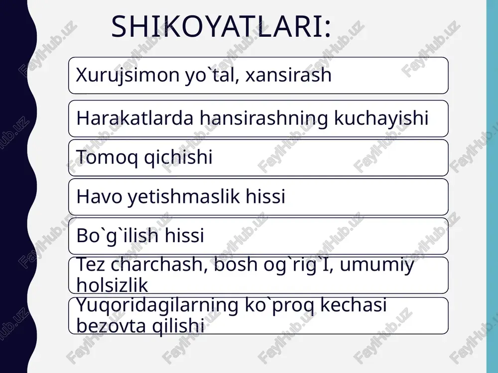 ama manfiy. diurez mustaqil, ixtiyoriy. status localis 11 nafas olish aktida yordamchi muskullar ishtirok etadi, ko‘krak qafasi shishgan, nafas olishda harakat chegaralangan. perkussiyada o‘pka ustida qutichasimon tovush eshitiladi (havo tutilib qolgan). auskultatsiyada; vezikulyar nafas susaygan, ayniqsa chiqish (ekshalatsiya) fazasi uzaygan, ko‘plab quruq xirillashlar eshitiladi — ayniqsa hushtak (svischashchie) tovushlar, nafas olish tezlashgan, nafas chiqarish qiynalgan diagnozni klinik tasdiqlash klinik belgilar, auskultatsion topilmalar, bemorning shikoyatlari, anamnez va fizik ko‘rik orqali klinik diagnoz qo`yildi klinik tashxis asosiy: bronxial astma iii pog`ona, og`ir persistrlovchi kechishi, qo`zg`ash davri asorati:nafas yetishmovchiligi ii daraja tekshirish rejasi umumiy qon tahlili koagulogramma qon biokimyoviy tahlili ekg balg`am tahlili umumiy siydik tahlili ko’rsatkichlar norma (birligi bilan) natijalar achtv 25,1-36,5 sek 26,4 protrombin vaqti 9,4-12,5 sek 12,0 mno 0,9-1,20 1,18 protrombin indeksi 70-140 % 77 fibrinogen 2,76-4,71 g/l 5,32 trombin vaqti 10,3-16,6 sek 15,8 koagulogramma ko’rsatkichlar norma (birligi bilan) natijalar billirubin: umumiy/bevosita 1,1-18,8 4,3 gacha 10/2 alt e:42 a:32 gacha …