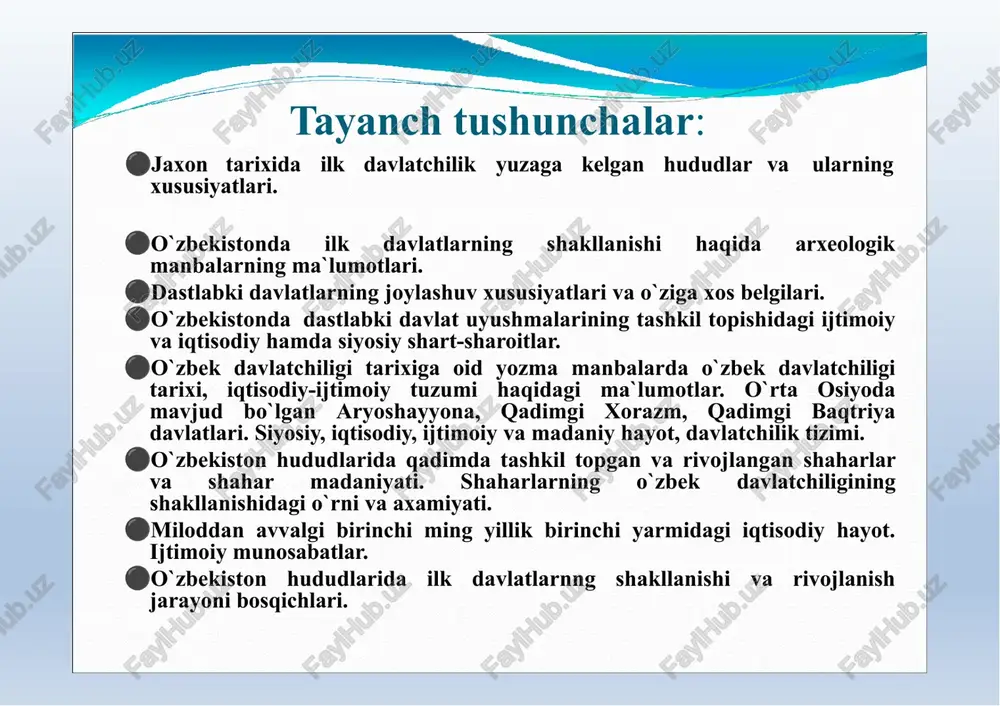 atib bering? adabiyotlar i.karimov tarixiy xotirasiz kelajak yoq t. 1998. i.karimov. yuksak manaviyat engilmas kuch. t.2008 gulomov x.g. tatibaev a.s. “tsentarl`naya aziya i mirovaya istoriya”. t. 2004. tarix ortga qaytmaydi. (tuplam) t. 2004 sagdullaev a. qadimgi o` zbekiston ilk ezma manbalarda. t. . azamat zie. o`zbek davlatchiligi tarixi. t. sharq. 2000 karimov sh., shamsuddinov r. vatan tarixi. birinchi kitob. t., 2010. o`zbekiston tarixi. t.universitet. 1999. sagdullaev a. va boshq. o`zbekiston tarixi: davlat va jamiyat taraqqieti. t., akademiya, 2000 image39.jpg image40.png image41.png image9.png image10.png image11.png image12.png image13.png image14.png image15.png image16.png image17.png image18.png image1.png image19.png image20.png image21.png image22.png image23.png image24.png image25.png image26.png image27.png image28.png image2.png image29.png image30.png image31.png image32.png image33.png image34.png image35.png image36.png image37.png image38.png image3.png image4.png image5.png image6.png image7.png image8.png