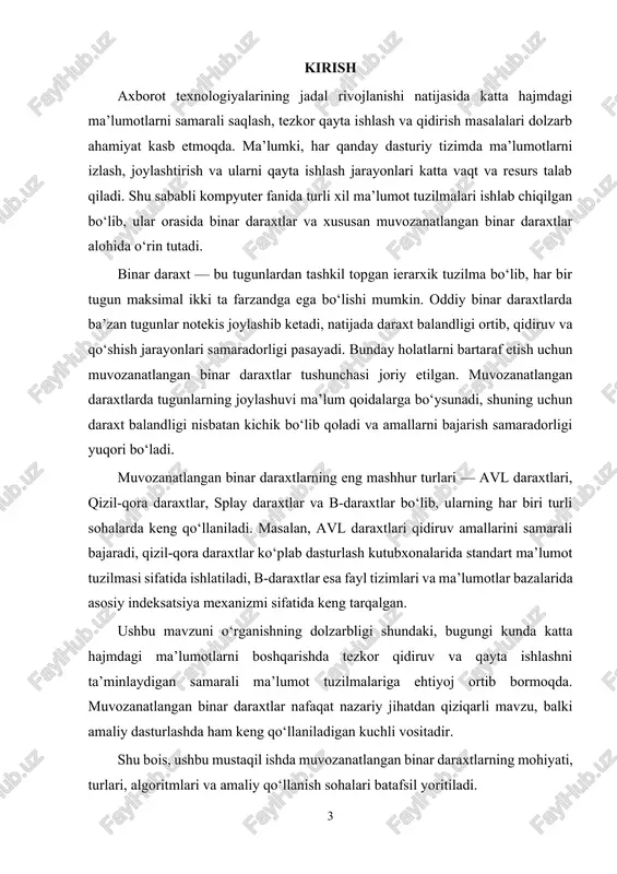 e, bst) – chap tomondagi barcha tugunlar ota tugundan kichik, o‘ng tomondagi tugunlar esa kattaroq qiymatlarga ega bo‘ladi. to‘liq binar daraxt (complete binary tree) – barcha darajalari to‘ldirilgan bo‘ladi, faqat oxirgi daraja chapdan to‘ldirilgan. mukammal binar daraxt (perfect binary tree) – barcha darajalar to‘liq to‘ldirilgan va barcha barg tugunlar bir xil chuqurlikda joylashgan bo‘ladi. balanslangan (muvozanatlangan) binar daraxt – tugunlarning chap va o‘ng kichik daraxtlari balandlikda keskin farq qilmaydi. afzalliklari: qidiruv, qo‘shish va o‘chirish amallari samarali bajariladi (agar daraxt muvozanatlangan bo‘lsa, o(log n) vaqt murakkabligida). ma’lumotlarni tartiblangan holda saqlash imkonini beradi. ma’lumotlarni tezkor qidirish, tartiblash va indeksatsiyada qo‘llaniladi. kamchiliklari: agar daraxt muvozanatlangan bo‘lmasa, ya’ni tugunlar notekis joylashsa, uning balandligi ortib ketadi va samaradorlik pasayadi. masalan, barcha elementlar ketma-ket o‘sish tartibida kiritilsa, daraxt oddiy ro‘yxat ko‘rinishini oladi. ba’zi turlari (masalan, avl yoki qizil-qora daraxtlar)ni amaliyotda qo‘llash murakkab bo‘lib, qo‘shimcha resurs talab qiladi. qo‘llanilish sohalari: ma’lumotlar bazasi tizimlari – indekslash va tezkor …