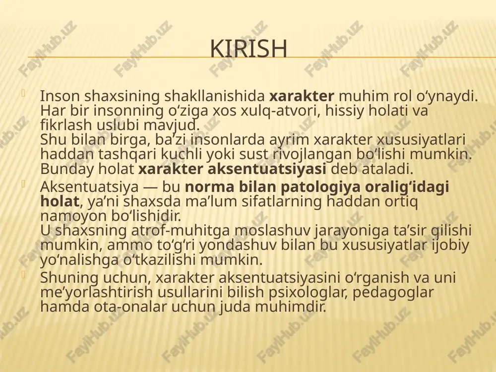i, hissiy holati va muloqot uslubiga qarab farqlanadi. asosiy aksentuatsiya turlari: gipertim tip – quvnoq, faol, harakatchan, jamoada yetakchi bo‘lishga intiladi. distim tip – tinch, sokin, sustharakat, kayfiyati pas bo‘lishi mumkin. tsikloid tip – kayfiyat davriy o‘zgarib turadi (ba’zan faol, ba’zan tushkun). senzitiv tip – sezgir, tortinchoq, boshqalarning fikriga juda e’tiborli. demonstrativ tip – e’tibor markazida bo‘lishni yoqtiradi, ijodkorlikka moyil. pedantik tip – tartib-sevuvchi, mas’uliyatli, har narsani aniqlik bilan bajaradi. tutqanoq (epileptoid) tip – qattiqqo‘l, talabchan, his-tuyg‘ularni bosish qiyin. qotib qoluvchi tip – bir fikrga berilib qoladi, oson kechira olmaydi. beqaror tip – o‘zgaruvchan, qat’iyatsiz, tashqi ta’sirlarga tez beriladi. affektiv tip – his-tuyg‘ularini nazorat qilishda qiynaladi. ekstrovert tip – ochiqko‘ngil, muloqotga oson kirishadi. introvert tip – kamgap, o‘z dunyosiga sho‘ng‘igan, mustaqil fikrlaydi. leonhard fikricha, bu turlar aralash holda ham uchrashi mumkin va shaxs xulqini chuqur tushunishga yordam beradi. aksentuatsiyaning sabablari xarakter aksentuatsiyasi inson shaxsida turli omillar ta’sirida shakllanadi. bu omillar …
