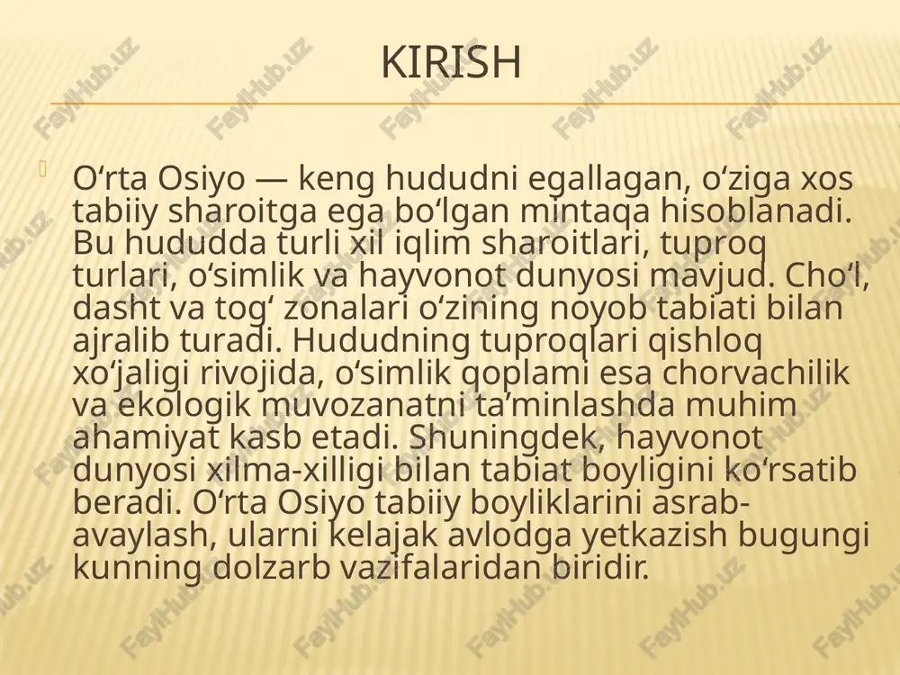 xo‘jaligi uchun qulay sharoit yaratadi. tog‘ oldi tuproqlarida bog‘dorchilik, uzumchilik, sabzavotchilik va polizchilik keng rivojlangan. bundan tashqari, bu hududlarda chorvachilik uchun sifatli yaylovlar mavjud. tog‘ oldi tuproqlari tabiiy sharoit jihatidan serunum bo‘lgani uchun mintaqa iqtisodiy hayotida katta ahamiyatga ega. o‘simlik dunyosi – umumiy tavsif o‘rta osiyo o‘simlik dunyosi xilma-xilligi bilan ajralib turadi. hududda cho‘l, dasht va tog‘ zonalariga xos bo‘lgan o‘simliklar mavjud. cho‘llarda asosan qurg‘oqchilikka chidamli saxsovul, yantoq, sho‘ra kabi o‘simliklar o‘sadi. dasht hududlarida ko‘p yillik o‘tlar, bug‘doyiq, turli xil dasht gullari tarqalgan bo‘lsa, tog‘larda archa, pista, bodom, yovvoyi mevali daraxtlar uchraydi. shuningdek, dorivor o‘simliklar – isiriq, zarchava, yalpiz va boshqa ko‘plab noyob turlar ham mintaqaga xosdir. o‘simliklar tabiiy muvozanatni saqlash, hayvonot uchun yem-xashak bo‘lish va inson hayoti uchun turli xil foyda berishi bilan katta ahamiyatga ega. cho‘l o‘simliklari o‘rta osiyo cho‘llari o‘ziga xos o‘simliklarga boy. cho‘l sharoitida o‘sadigan o‘simliklar asosan qurg‘oqchilikka chidamli bo‘lib, suvni tejab ishlatish xususiyatiga ega. eng …