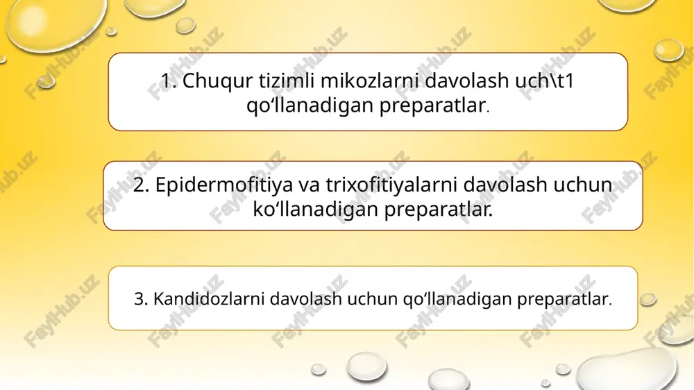 sitmalash, xansirash, bosh og‘rishi, arterial bosimni tushib ketishi, aritmiya) rivojlanishi mumkin. ularni oldini olish uchun analgetiklar, antigistamin dv, glkjokortikoidlar qo‘llanatsi. ba’zida nefro- va gematotoksik ta’sirlar ham kuzatiladi. nefrotoksik nojo‘ya ta’sir rivojlanishi xavfi preparatni aminoglikozidlar, siklosporin, diuretiklar bilan bir vaqgda qo‘llaganda ortadi. ketokonazol amfoteritsin v yaqin, zamburug‘ga qarshi keng doirali faollikka ega, aspirogellalarga nisbatan ta’sir ko‘rsatishidan tashqari, stafilokokk va streptokokklarga nisbatan ham faol preparat hisoblanadi. miy yaxshi (nordon muhitda yaxshiroq) so‘riladi, qondagi maksimal miqtsori 2 s aniqlanadi. jigarda metabolizmga uchraydi, yarim chiqarilish davri 2—4 s. ko‘pgina organ va to‘qimalarga singib o‘tadi, get esa yomon o‘gadi. organizmdan asosan o‘t va faqat 5—10 % siydik bilan chiqib ketadi. ko‘rsatmalar • gistoplazmoz • koksidioidomikoz • blastomikoz • turli joyda joylashgan kandidozlar • dermatomikoz • teri va qo‘l tirnoqlarining rezistent dermatofitozi nojo‘ya ta’sirlari • bosh og‘rishi, uyqusizlik • fotofobiya • paresteziya • trombotsitopeniya • allergik reaksiyalar • isitmalash • jigar transaminaza mikdorining ortishi • dispeptik …