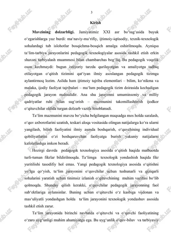 falarini amalga oshirishning birinchi bosqichida «pedagog va ilmiy pedagog kadrlar tayyorlash hamda ularning malakasini oshirishni zamon talablariga javob beradigan darajada tashkil etish» belgilangan [kadrlar tayyorlash milliy dasturi. barkamol avlod – o‘zbekiston taraqqiyotining poydevori. – t.: sharq, 1998. 40-b.] bu islohotlarni amalga oshirishda pedagog kadrlar o‘rni naqadar muhimligidan dalolatdir. shuningdek, pedagog kadrlarni ta‘lim ishini tashkil etishning innovatsion metodlari bilan tanishtirish, ta‘lim jarayonida ulardan foydalanishning yo‘l va vositalarini o‘rgatish bugungi kun talabidir. bugungi kunda pedagogik texnologiyalarga oid tadqiqotlar olib borilmoqda. bu haqda matbuot sahifalarida, jurnallarda va internet sahifalarida ko‘plab ma‘lumotlar berilmoqda. lekin, afsuski, pedagogik texnologiyalardan boshlang‘ich ta‘lim jarayonida foydalanish, ayniqsa interaktiv metodlardan boshlang‘ich ta‘lim jarayonida foydalanishga doir materiallar kam. shuning uchun ham biz bitiruv malakaviy ishimiz mavzusini “boshlang‘ich ta‘lim jarayonida interaktiv usullardan foydalanish”, deb nomladik. bitiruv malakaviy ishimizning maqsadi: boshlang‘ich ta‘lim jarayonida interaktiv metodlardan foydalanish yo‘l va vositalarini ishlab chiqish. tadqiqotmiz obyekti: boshlang‘ich ta‘limda interaktiv metodlardan foydalanish jarayoni. tadqiqotimiz predmeti: interaktiv metodlar …