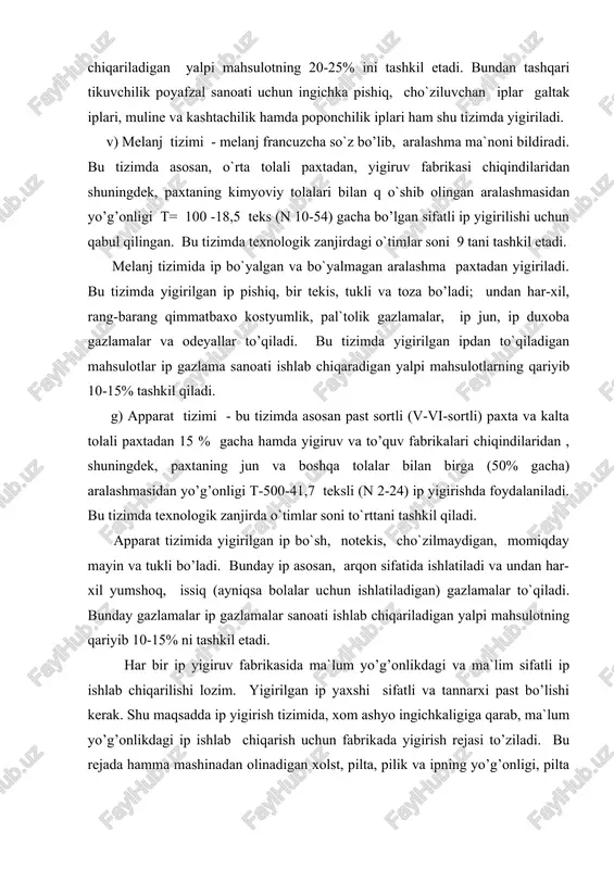 amalar ip gazlamalar sanoati ishlab chiqariladigan yalpi mahsulotning qariyib 10-15% ni tashkil etadi. har bir ip yigiruv fabrikasida ma`lum yo’g’onlikdagi va ma`lim sifatli ip ishlab chiqarilishi lozim. yigirilgan ip yaxshi sifatli va tannarxi past bo’lishi kerak. shu maqsadda ip yigirish tizimida, xom ashyo ingichkaligiga qarab, ma`lum yo’g’onlikdagi ip ishlab chiqarish uchun fabrikada yigirish rejasi to’ziladi. bu rejada hamma mashinadan olinadigan xolst, pilta, pilik va ipning yo’g’onligi, pilta va pilik ipning pishitilish koeffisiyenti 1 m ga to`g`ri keladigan buramlar soni, cho’zish kattaligi va mashinalardagi asosiy ishchi organlarning tezligi ko`rsatiladi. yigirish rejasi qanchalik aniq va mukammal to’zilsa, fabrika shunchalik samarador ishlaydi. tolasining uzunligi 30/33 mm bo’lgan bazaviy sortli o`rta tolali paxtadan karda tizimida va ingichka tolali qayta tarash tizimida olingan, yo’g’onligi 18.5 - 100 teks (n 54-10). yo’g’onlik 18.5 teksli (n = 54) tanda ipini yigirish rejasi. t/r mashinalar maxsu- lotning yo’g’onli-gi teks (№) cho’zish marta qo’shi- lishlar soni pishi- tish koef. …