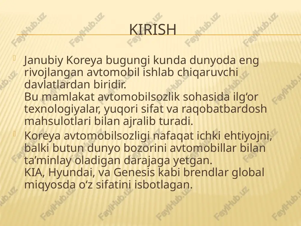 da xavfsizlik tizimlarini yaratish. energiya tejamkor dvigatellar va ekologik toza yoqilg‘ilar. raqamli xizmatlar – masalan, smart-navigatsiya va masofadan boshqaruv tizimlari. innovatsiyalar tufayli koreya avtomobillari jahon standartlariga to‘liq javob beradi va global raqobatda ustunlikka ega. kia kompaniyasining qisqacha tarixi kia motors corporation — janubiy koreyaning eng qadimiy avtomobil ishlab chiqaruvchi kompaniyalaridan biridir. kia brendi o‘z tarixi davomida ulkan yo‘lni bosib o‘tgan va bugungi kunda global miqyosda tan olingan ishlab chiqaruvchidir. tarixiy ma’lumotlar: 1944-yil – “kyungsung precision industry” nomi bilan tashkil etilgan. dastlab velosiped va mototsikl ishlab chiqargan. 1970-yillar – o‘zining birinchi avtomobil modellarini ishlab chiqara boshlagan. 1990-yillar – kia brendi xalqaro bozorda faol ravishda kengaya boshladi. 1998-yil – hyundai motor group tarkibiga qo‘shildi. bugungi kunda kia — zamonaviy dizayn, sifat va texnologiyani uyg‘unlashtirgan global brenddir. kia kompaniyasining asosiy zavodlari kia kompaniyasi nafaqat janubiy koreyada, balki butun dunyo bo‘ylab joylashgan yirik ishlab chiqarish zavodlariga ega. bu zavodlarda yiliga millionlab avtomobillar ishlab chiqariladi. …
