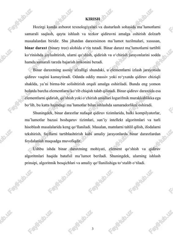 mlari: tezkor qidiruv uchun binar qidiruv daraxti ishlatiladi. ma’lumotlar bazasi: indekslash jarayonida daraxtlardan foydalaniladi. fayl tizimlari: papka va fayllarni daraxtsimon tuzilmada saqlash. algoritmlar: tartiblash (sorting), qidiruv (searching) va tahlil (parsing) masalalarida. sun’iy intellekt: qaror qabul qilish daraxtlari (decision tree) orqali prognozlash va tahlil. xulosa qilib aytganda, binar daraxt – bu murakkab ma’lumotlarni samarali boshqarish va ulardan tezkor foydalanish imkonini beruvchi eng muhim ma’lumot tuzilmalaridan biridir. u algoritmlar nazariyasi va dasturlash amaliyotida o‘zining keng qo‘llanilishi bilan alohida ahamiyat kasb etadi. 2. binar qidiruv daraxti (bst) binar qidiruv daraxti (binary search tree – bst) – bu ma’lumotlarni tartibli joylashtirish, tezkor qidiruv, qo‘shish va o‘chirish amallarini bajarishga imkon beradigan maxsus binar daraxt turidir. oddiy binar daraxtdan farqli o‘laroq, bst ma’lum qoidalarga asoslanadi, ya’ni har bir tugun uchun chap qismdagi elementlar kichikroq, o‘ng qismdagi elementlar esa kattaroq qiymatlarga ega bo‘ladi. shu oddiy qoida tufayli bst algoritmlarda va amaliy dasturlashda keng qo‘llanadi. bst ning asosiy …