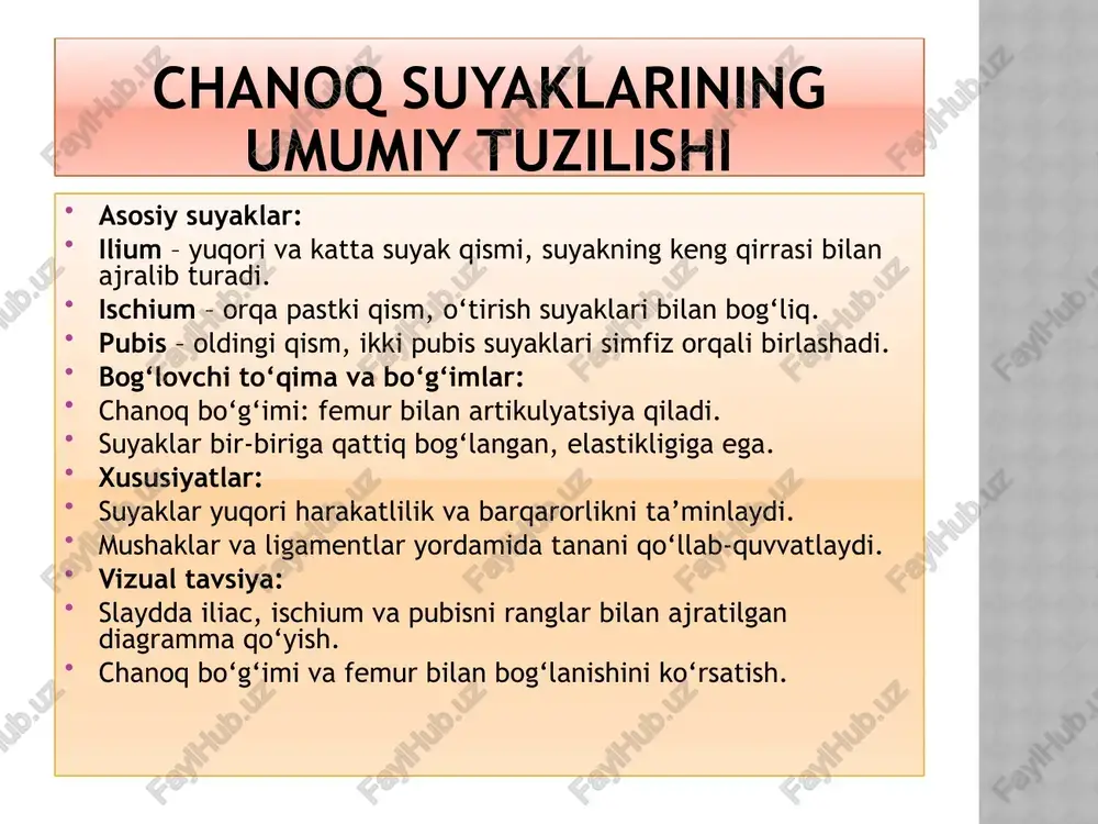sezilarli ta’sir oladi. yuk ko‘tarish, uzoq muddat turish yoki yurish suyak va bo‘g‘imlarga ortiqcha yuk tushiradi, noto‘g‘ri faoliyat esa deformatsiyalarga olib kelishi mumkin. asosiy punktlar (bullet points): og‘ir yuk ko‘tarish suyaklarni mustahkamlaydi, lekin ortiqcha bo‘lsa deformatsiya xavfi oshadi. uzun muddat turish yoki yurish bo‘g‘imlarda ortiqcha yuk hosil qiladi. notekis yoki noqulay yuk suyak shaklini va bo‘g‘imlarni o‘zgartirishi mumkin. mehnat faoliyati bilan bog‘liq profilaktika: to‘g‘ri yuk taqsimoti, ergonomik asboblar, dam olish va tiklanish davri. diagramma tavsiyasi: suyaklar va bo‘g‘imlarga tushadigan yukni ko‘rsatadigan schematik rasm. masalan, oyoq va chanoq suyaklariga og‘ir yuk ta’sirini ko‘rsatish (yuk o‘q bilan). chanoq va oyoq suyaklarining rivojlanish nuqsonlari chanoq va oyoq suyaklarining noto‘g‘ri rivojlanishi turli nuqsonlarga olib keladi. bu nuqsonlar ko‘pincha genetik, biologik va tashqi omillarning birikmasidan kelib chiqadi. asosiy punktlar (bullet points): chanoq displaziyasi: chanoq bo‘g‘imining noto‘g‘ri rivojlanishi, yurishda qiyinchilik, oyoq uzunligi farqi oyoq deformatsiyalari: x yoki o shaklidagi qiyshayishlar, bo‘g‘imlarda ortiqcha yuk suyak o‘sishining sekinligi: …