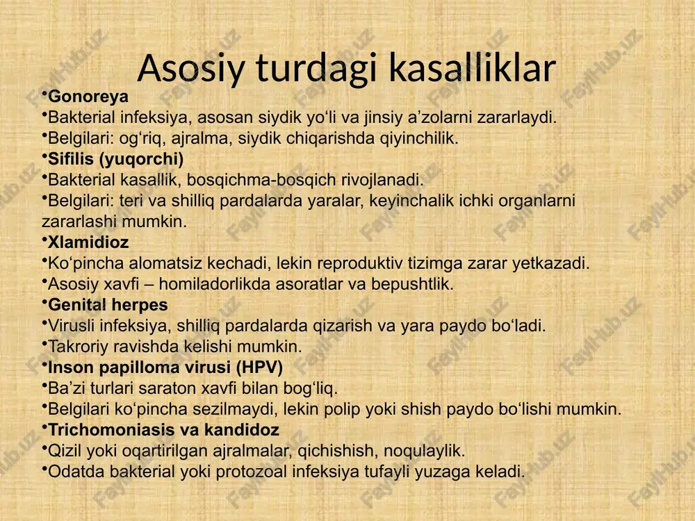 erik limfogranulyoma, xlamidioz, gonoreya, mikoplazmoz, ureaplazmoz; virusli infeksiyalar: oiv, genital gerpes, inson papillomavirusi tomonidan chaqiriladigan o’tkir uchli kondiloma, gepatit b, sitomegalovirus (inson gerpesvirusi tip 5), kontagioz mollyusk, kaposhi sarkomasi (gerpes tip 8); protozoal infektsiyalar: trixomoniaz; zamburug’li infektsiyalar: kandidoz (molochnitsa); parazitar kasalliklar: ftiriaz, qo’tir; yuqish yo’llari jyyining asosiy xususiyati patogenlarning atrof-muhit sharoitiga nisbatan yuqori sezuvchanligi bo’lib, qo’zg’atuvchilar bilan infektsiyalanish uchun to’g’ridan-to’g’ri aloqa zarur bo’ladi. jahon sog’liqni saqlash tashkiloti » 2006-2011 yillarda jinsiy yo’l bilan yuqadigan infektsiyalarni oldini olish va ularga qarshi kurashish bo’yicha global strategiya»da «xavfsiz jinsiy xatti-harakatlar» tushunchasini ta’kidlaydi, unda: erkak va ayol prezervativlarni to’g’ri va tizimli ishlatish mahalliy bakteritsid moddalarni to’g’ri ishlatish; sindromli yoki laboratoriya diagnostikasi yordamida muntazam tekshiruvlardan o’tib turish; infektsiya tashxislanganda (yoki unga shubha bo’lganda) maxsus davolashni o’tash; jinsiy tiyilish; jinsiy sheriklarni xabardor qilish; gepatit b va odam papillomavirusi kabi onkogen viruslarga qarshi vaktsina olish. tashxis tashxilash bemorni ko’rikdan o’tkazish, klinik alomatlarni aniqlash (siyish paytida og’riq, jinsiy …