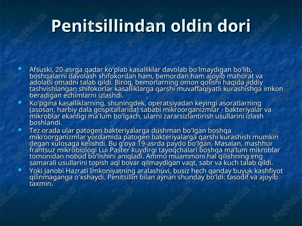 qirollik jarrohlar kolleji a'zosi edi. buyuk britaniya birinchi jahon urushiga kirgandan so'ng, fleming qirollik armiyasi tibbiyot korpusida kapitan bo'lib xizmat qildi va frantsiyada harakatni ko'rdi. flemingning birinchi kashfiyotlaridan biri ochiq yaralarni davolashda keng qo‘llaniladigan karbol kislotasi (fenol) organizmda himoya to‘siq hosil qiluvchi leykotsitlarni o‘ldiradi, bu esa pirovardida to‘qimalarda bakteriyalarning omon qolishiga yordam beradi, degan xulosa edi. 1922 yilda shamollashning qo'zg'atuvchisini ajratish bo'yicha bir qator muvaffaqiyatsiz urinishlardan so'ng, fleming sog'lom to'qimalarga zarar bermasdan, ba'zi bakteriyalarni o'ldiradigan fermentni (tasodifiy!) lizozimni topdi. topilgan ferment nomini professor rayt kiritgan. shunday qilib, 1928 yilda yana bir omadli imkoniyat va olimning kuzatishi tufayli penitsillin topildi. penitsillinning kashf etilishi ushbu davr kashfiyotiga qanday tasodifiy tasodiflar to'plami olib kelganligini ishonchli aniqlash qiyin. hatto fleming o'zining laboratoriya skameykasidagi petri idishida mog'orning g'ayrioddiy xususiyatlarini qanday kashf etgani haqidagi hikoyalar ham bir-biriga ziddir. ba'zi ma'lumotlarga ko'ra, fleming juda ehtiyotkor bo'lmagan va uning laboratoriya stoli 40-50 ta idish bilan to'lib toshgangacha 2-3 …