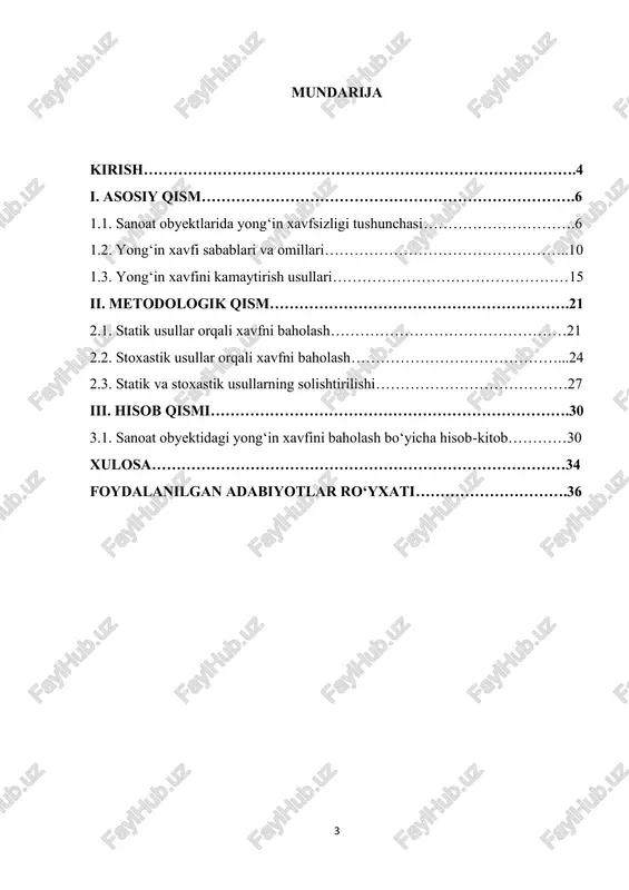 ridir. chunki har yili dunyo bo‘yicha minglab sanoat yong‘inlari sodir bo‘lib, millionlab mablag‘lar talofatga uchraydi. o‘zbekiston respublikasida ham sanoat obyektlarida yong‘in xavfini kamaytirish, profilaktika choralari ko‘rish va zamonaviy baholash usullarini qo‘llash bo‘yicha qator me’yoriy-huquqiy hujjatlar ishlab chiqilgan. shunga qaramay, ishlab chiqarish jarayonlarida inson omili, texnologik nosozliklar, energiya tizimlarining yaroqsizligi kabi omillar sababli xavf darajasi hali ham yuqori bo‘lib qolmoqda. yong‘in xavfini baholashda qo‘llaniladigan usullar orasida statik va stoxastik usullar alohida o‘rin tutadi. statik usullar yordamida mavjud statistik ma’lumotlar, oldingi yillarda yuz bergan yong‘in hodisalari soni, ularning sabablari va oqibatlari tahlil qilinadi. bu usul aniq faktlarga asoslangan bo‘lib, real vaziyatni baholash imkonini beradi. stoxastik usullar esa matematik modellashtirish va ehtimollik nazariyasi asosida ishlaydi, ya’ni kelajakda yong‘in yuz berishi ehtimolini aniqlash, xavf darajasini prognoz qilish imkonini beradi. 5 ushbu usullarni kompleks qo‘llash sanoat obyektlari uchun eng to‘g‘ri yondashuv hisoblanadi, chunki ular bir-birini to‘ldiradi: statik tahlil mavjud vaziyatni ochib bersa, stoxastik modellashtirish kelajakdagi …