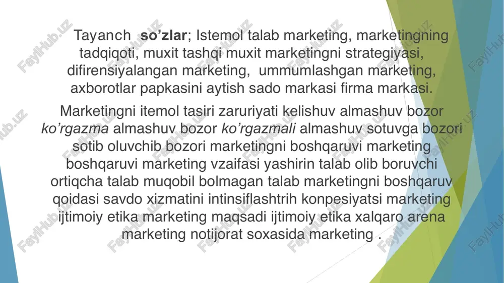 itida ishlab chiqarish jarayonini talab va taklif asosida rivojlanib borishida bozor ummumlashgan xolda xizmatlarni ummumlashgan xolda mumkin.bozoni moxiyatini chuqur anglab olish uchin quydagi oddiy iqtisodiy mjunosabatlar ishlab chiqarish jarayonida qatnashayotgan to’rta ishlab chiqarish korxonalari band bo’lgan ishchi kuchlarni o’z tovarlarinini sotish bo’ticha iqtisodiy munosabatlarni keltirib ularni munosabatlarni iqtisodiy taxlil qilamiz.fraz qilaylik sanoat ishlab chiqarish korxonalari ,dexqon,xo’jaligi yurutuvchi dexqonlar ,ozuq –ovqat ishlab chiqaruvchi va ishlab chiqaruvchilar mustaqil ish yurituvchilardan tashkil topgan deb xisoblagan xolda ular o’rtasida iqtisodiy bozor munosabatlarini ko’rib chiqamiz uni quydagicha korsatamiz. 1.4 marketingni boshqaruvi va uning vazifalari . bozor munosabatlarini iqtisodiy jixatdan bozor munosabatlarini iqtisodiy jixatdan barqaror va samarali rivojlanish marketing xizmatlarini boshqaruv darajasiga bog’liq . marketing boshqaruvini samaradorligi bozor munosabatlarini va bozor narxlarini doimiy ravishda o’rganib borish asosida ishlab chiqarish jarayonini istemol bozri talablariga mostlashtrilgan xolda rivojlantrib borish talab etadi.marketing boshqaruvi bozor munosabatlarini o’rnatish asosida ishlab chiqarish jarayonini qanday tovar maxsulotlarini ishlab chiqarish ularning sifatlarini va mexnat …