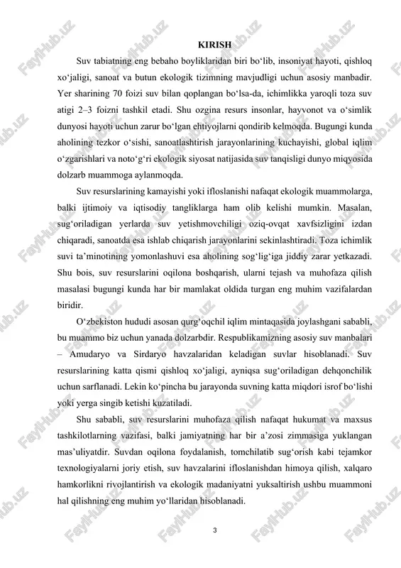 tabiatning eng muhim boyliklaridan biri bo‘lib, ular hayotiy jarayonlarning deyarli barcha sohalarida ishtirok etadi. suv nafaqat ichimlik sifatida, balki qishloq xo‘jaligi, sanoat, energetika, transport va hatto iqlimni muvozanatlashda ham katta ahamiyatga ega. shu sababli, suv resurslarining mavjud turlari va ularning hozirgi holatini o‘rganish ekologik xavfsizlik va iqtisodiy barqarorlik uchun juda zarurdir. yuzaki suv resurslari eng ko‘p uchraydigan va insoniyat faoliyatida eng ko‘p ishlatiladigan manbalardir. ular tarkibiga daryolar, ko‘llar, suv omborlari va muzliklar kiradi. daryolar qadimdan insonlar uchun hayot manbai bo‘lib kelgan. ular orqali sug‘oriladigan yerlar hosildor bo‘lgan, shahar va qishloqlar rivojlangan, savdo va transport aloqalari yo‘lga qo‘yilgan. ammo bugungi kunda daryolarning holati tashvishli darajaga yetdi. amudaryo va sirdaryo suv hajmining kamayishi, ularning suvi turli chiqindilar bilan ifloslanishi ekologik muammolarni kuchaytirmoqda. daryo havzalarida o‘tkazilgan noto‘g‘ri meliorativ ishlar hamda haddan tashqari suv sarfi natijasida suvning tabiiy oqim tizimi buzildi, natijada suv resurslarining tiklanishi qiyinlashib qoldi. ko‘llar va suv omborlari ham suv resurslarining …