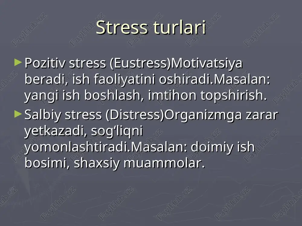 bilan muloqot orqali ruhiy barqarorlik. stressning oldini olish uchun maslahatlar kundalik dam olish va hobbilarga vaqt ajratish – kayfiyatni ko‘taradi, charchoqni kamaytiradi. optimistik fikrlashni rivojlantirish – stressli vaziyatlarga ijobiy qarashni o‘rgatadi. mobil va ijtimoiy tarmoqlardan me’yorida foydalanish – ortiqcha axborot bosimini kamaytiradi. sog‘lom odatlar – chekish va spirtli ichimlikni kamaytirish, sog‘lom turmush tarzi. fizik faollik va sport bilan shug‘ullanish – organizmni va ruhni mustahkamlaydi. xulosa stress – tabiiy va har bir inson hayotida uchraydigan holat.qisqa muddatli stress motivatsiya beradi, uzoq muddatli stress esa jismoniy va ruhiy sog‘liqka zarar yetkazadi.uzoq muddatli stress yurak-qon tomir, oshqozon-ichak, immun tizimi va ruhiy holatga salbiy taʼsir ko‘rsatadi.stressni kamaytirish va oldini olish uchun sog‘lom turmush tarzi, meditatsiya, sport, dam olish va ijtimoiy qo‘llab-quvvatlash muhimdir.stressni boshqarish – sog‘lom va samarali hayotning muhim qismi. e’tiboringiz uchun rahmat