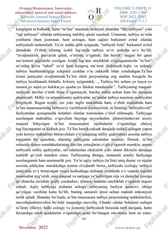 yoki yomonga bo‘linmaydi. agar shunday bo‘lganda edi, tarbiya masalasi osonlikcha hal bo‘lardi. yaxshi fazilatlar va yomon odatlarning, turli g‘oyalarning bir odamning qalbi va ongini egallash uchun kurashi — tarbiya masalasining naqadar murakkab ekanini anglatadi. “tarbiya” so‘zining ma’nolari ko‘p bo‘lsa-da, milliy an’analardan kelib chiqsak, tasavvurda avvalo uning “axloqiy” sifati uyg‘onadi. boisi, ota-bobolarimiz bola axloq-odobini tarbiyaning boshqa turlariga nisbatan ustun qo‘yishgan. fitrat ta’lim olishni ham tarbiya sirasiga qo‘shib, uni “aqliy tarbiya” deb ataydi. shuningdek, farzandni sog‘lom voyaga yetkazish, ya’ni “jismoniy tarbiya”siga ham jiddiy e’tibor qaratib, tarbiyaning ushbu uch turiga xulosa berar ekan, zamonaviy til bilan aytganda, “shaxsning ijtimoiylashuvi”ni sodda ifodalaydi: “...bolalarning tarbiyasi bu farzandni jismonan, fikran va axloqan tarbiya qilib, kamolga yetishtirish demakdir. ya’ni ularni urinish va tirishish sahrosiga, ya’ni hayot-mamot maydoniga kuchli badan, sog‘lom fikr va yaxshi axloq bilan qurollantirib yuborish demakdir”. shu o‘rinda “ta’lim” va “tarbiya” so‘zlarining lug‘aviy ma’nosiga to‘xtalib o‘tish maqsadga muvofiq. muhokama va natijalar milliy tarbiya tarixining atoqli …