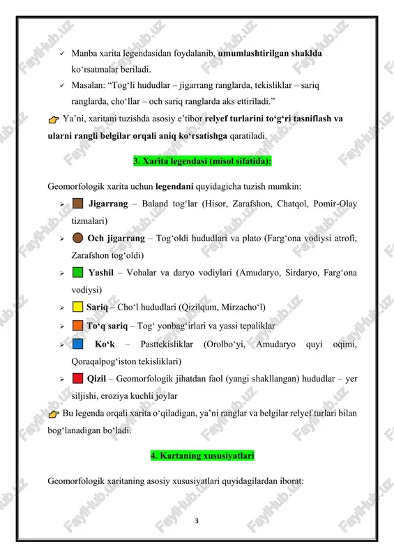 pasttekisliklar – shimoli-g‘arbda; ➢ vohalar – daryo vodiylarida. ✓ tabiiy jarayonlar: xaritada geomorfologik jarayonlar (eroziya, akkumulyatsiya, shamol ta’siri, allyuvial shakllanish) kuzatiladigan hududlar aks ettirilgan. ✓ amaliy ahamiyati: ➢ yer resurslarini o‘rganish; ➢ qishloq xo‘jaligi hududlarini rejalashtirish; ➢ qurilish va muhandislik ishlarini olib borishda asosiy manba bo‘lib xizmat qiladi. 5. legenda va konturlarni chizish (yozma shaklda) xaritani to‘liq o‘qish va tushunish uchun legenda hamda konturlar yozma shaklda quyidagicha tasvirlanadi: ✓ chegaralar: ➢ o‘zbekiston davlat chegaralari – qora chiziq bilan ajratiladi. ➢ ichki ma’muriy chegaralar – mayin chiziq bilan belgilanadi. ✓ ranglar va belgilar: 5 ➢ jigarrang – baland tog‘lar (hisor, zarafshon, chatqol, pomir- olay). ➢ och jigarrang – tog‘oldi hududlari va plato (zarafshon tog‘oldi, farg‘ona atrofi). ➢ sariq – cho‘llar (qizilqum, mirzacho‘l). ➢ yashil – vohalar va sug‘oriladigan hududlar (amudaryo, sirdaryo, farg‘ona vodiysi). ➢ ko‘k – pasttekisliklar (orolbo‘yi, amudaryo quyi oqimi, qoraqalpog‘iston tekisliklari). ➢ qizil – geomorfologik faol hududlar (yer siljishi, …