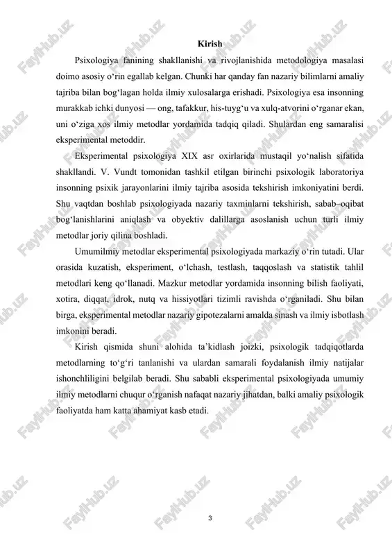 n birga bo‘lish). ishtirokchi bo‘lmagan kuzatishda esa u faqat tashqaridan kuzatuvchi sifatida ishtirok etadi. kuzatishning afzalliklari: oson qo‘llanilishi va tabiiylikka yaqinligi. subyektning psixik jarayonlarini real sharoitda o‘rganish imkoniyati. psixologik tadqiqotlar uchun boshlang‘ich ma’lumot to‘plashda qulaylik yaratadi. kuzatishning kamchiliklari: sabab–oqibat bog‘lanishini aniq ko‘rsatib bera olmaydi. tadqiqotchining shaxsiy subyektiv qarashlari natijaga ta’sir qilishi mumkin. natijalarni umumlashtirish qiyin bo‘lishi mumkin, chunki kuzatish ko‘pincha konkret vaziyatlarga bog‘liq bo‘ladi. kuzatish metodidan foydalanish misollari: ta’lim psixologiyasida — o‘quvchilarning darsdagi faoliyatini, e’tiborini va motivatsiyasini o‘rganishda. ijtimoiy psixologiyada — guruhdagi o‘zaro munosabatlarni va yetakchilik jarayonlarini tahlil qilishda. bolalar psixologiyasida — bolaning o‘yin faoliyati va nutq rivojini kuzatishda. ishlab chiqarish psixologiyasida — ishchilarning mehnat jarayonidagi diqqat va charchash darajasini baholashda. kuzatish metodi psixologiyada muhim ahamiyatga ega bo‘lib, u inson xulqini real sharoitda o‘rganish imkoniyatini beradi. biroq, uning cheklovlari sababli u odatda boshqa metodlar — eksperiment, testlash va so‘rovnomalar bilan birgalikda qo‘llanadi. shunda natijalar yanada to‘liq va ilmiy asoslangan bo‘ladi. …