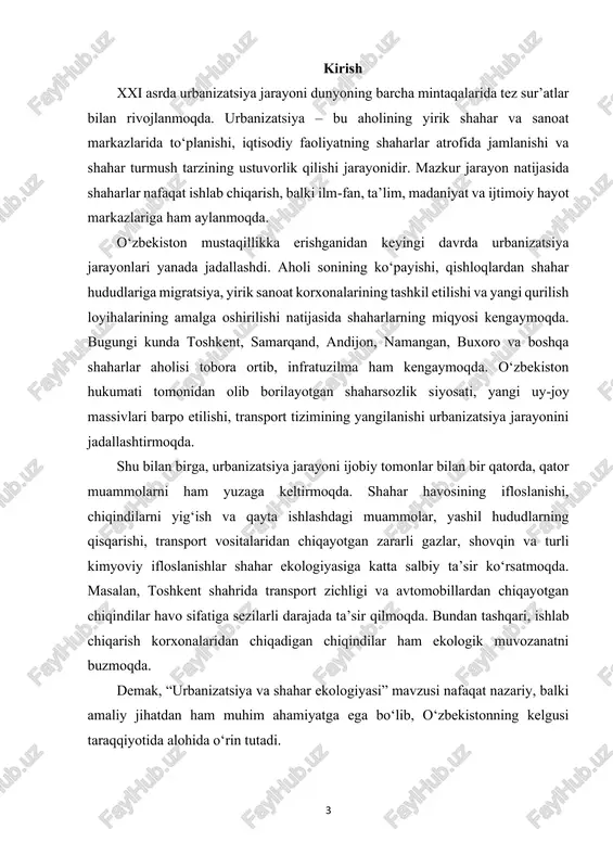 a sog‘liqni saqlash tizimining rivojlanganligi. o‘zbekiston shaharlarida oliy o‘quv yurtlari, litseylar, kollejlar va ilmiy markazlarning joylashuvi, zamonaviy shifoxona va klinikalarning mavjudligi qishloq joylarda yashovchi aholini shaharlarga jalb qilmoqda. masalan, toshkentdagi milliy 5 universitet, samarqand davlat universiteti yoki andijon davlat tibbiyot instituti kabi yirik ta’lim muassasalari ko‘plab yoshlarni shaharlarga olib kelmoqda. davlat siyosati va shaharsozlik dasturlari. so‘nggi yillarda o‘zbekistonda “yangi o‘zbekiston” shaharsozlik siyosati asosida zamonaviy uy-joy massivlari, ijtimoiy obyektlar va rekreatsiya zonalari barpo etilmoqda. toshkent viloyatida “yangi toshkent” loyihasining amalga oshirilishi buning yaqqol dalilidir. bunday tashabbuslar urbanizatsiyani yangi bosqichga olib chiqmoqda. o‘zbekistonda urbanizatsiya jarayonini tartibga solish va shaharlarni barqaror rivojlantirish davlat siyosatining muhim yo‘nalishlaridan biridir. so‘nggi yillarda mamlakatda shaharsozlik va urbanizatsiya masalalariga alohida e’tibor qaratilmoqda. bu borada qabul qilingan qaror va dasturlar urbanizatsiya jarayonini jadallashtirish, aholining turmush sharoitini yaxshilash hamda ekologik muhitni sog‘lomlashtirishga qaratilgan. shaharlarni barqaror rivojlantirish konsepsiyasi. o‘zbekiston respublikasi prezidentining farmon va qarorlarida shaharlarni ijtimoiy-iqtisodiy markaz sifatida rivojlantirish, yangi uy-joy …