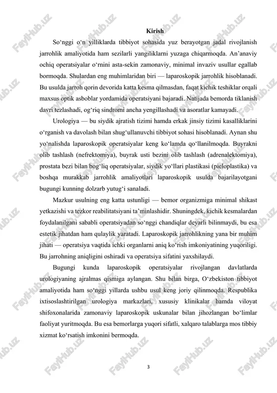 ladi. bu esa vaqt o‘tishi bilan buyrak faoliyatining izdan chiqishiga olib keladi. laparoskopik pieloplastika ana shu torayishni kengaytirib, siydik oqimini tiklash imkonini beradi. ushbu usul tug‘ma nuqsonlarda, shuningdek, tosh kasalligi yoki yallig‘lanish oqibatida paydo bo‘lgan torayishlarda keng qo‘llanadi. bolalar urologiyasida ham laparoskopik pieloplastika muhim o‘rin tutmoqda. 5 adrenalektomiya: buyrak usti bezining turli o‘smalari yoki gormonal kasalliklarida adrenalektomiya — ya’ni bezni olib tashlash operatsiyasi amalga oshiriladi. ochiq usulda qorin bo‘shlig‘iga yoki bel sohasiga katta kesma qilish talab etiladi, bu esa og‘riq, qon ketishi va uzoq tiklanish davriga sabab bo‘ladi. laparoskopik adrenalektomiya esa kichik teshiklar orqali bajarilib, xavf-xatarni kamaytiradi hamda bemor tezroq normal hayot tarziga qaytadi. radikal prostatektomiya: prostata bezi saratonining dastlabki bosqichida radikal prostatektomiya bajariladi. operatsiya davomida prostata va unga yaqin zararlangan to‘qimalar olib tashlanadi. laparoskopik usul yordamida bajarilgan prostatektomiya erkaklarda jinsiy faoliyatni iloji boricha saqlab qolish hamda siydik chiqarish funksiyasini tiklash imkonini beradi. bunda jarroh maxsus kamera orqali barcha mayda …