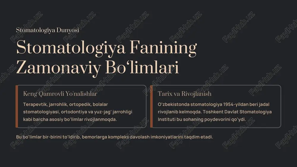 giya rivoji o‘zbekiston stomatologiya sohasida jadal rivojlanmoqda. toshkent, samarqand, andijon va buxoro shaharlarida zamonaviy stomatologiya fakultetlari va klinikalar faoliyat yuritmoqda. mahalliy mutaxassislar xalqaro hamkorlik orqali eng so‘nggi innovatsiyalarni joriy etmoqdalar. bu esa bemorlarga jahon standartlariga mos keladigan tibbiy xizmatlarni olish imkonini beradi. https://gamma.app/?utm_source=made-with-gamma preencoded.png xulosa: zamonaviy stomatologiya — sog‘lom tishlar uchun kelajak raqamli texnologiyalar raqamli texnologiyalar va yangi usullar stomatologiyani yanada samarali va qulay qilmoqda. individual yondashuv har bir bemor uchun individual yondashuv va yuqori sifat kafolatlanadi. sog'lom tabassum sog‘lom tabassum — zamonaviy stomatologiyaning asosiy maqsadi va muhim natijasidir. https://gamma.app/?utm_source=made-with-gamma slayd 1 slayd 2 slayd 3 slayd 4 slayd 5 slayd 6 slayd 7 slayd 8 slayd 9 slayd 10 slayd 11