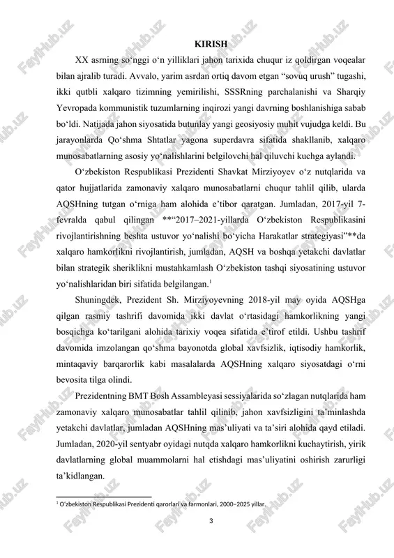 chi o‘rni yanada kuchaydi.[footnoteref:2] [2: aqsh prezidenti qarorlari va farmonlari, 2001–2010 yillar. ] mazkur davrda yana bir muhim omil – xitoyning tez sur’atlar bilan iqtisodiy yuksalishi va rossiyaning qayta tiklanishi bo‘ldi. natijada xalqaro munosabatlarda yangi kuch markazlari shakllana boshladi. shu bois xxi asr boshlarida aqshning global yetakchilik mavqei jiddiy sinovlarga duch keldi. shunga qaramay, u o‘zining iqtisodiy, harbiy va siyosiy qudrati bilan jahon siyosatida bosh rolni ijro etib kelmoqda. shunday qilib, xx asr oxiri va xxi asr boshlarida aqshning xalqaro munosabatlardagi o‘rni masalasi nafaqat tarixiy, balki siyosiy-ilmiy nuqtayi nazardan ham dolzarbdir. bu mavzuni o‘rganish orqali biz jahon siyosatidagi hozirgi jarayonlarni chuqurroq anglashimiz, global kuchlar muvozanatini tahlil qilishimiz va xalqaro xavfsizlikka oid xulosalar chiqarishimiz mumkin. kurs ishining dolzarbligi. xx asr oxiri va xxi asr boshlarida jahon siyosati keskin o‘zgarishlarga boy bo‘ldi. “sovuq urush” yakunlanishi, ikki qutbli tizimning yemirilishi hamda yangi kuch markazlarining shakllanishi xalqaro munosabatlarda tub burilish yasadi. bu jarayonda qo‘shma …