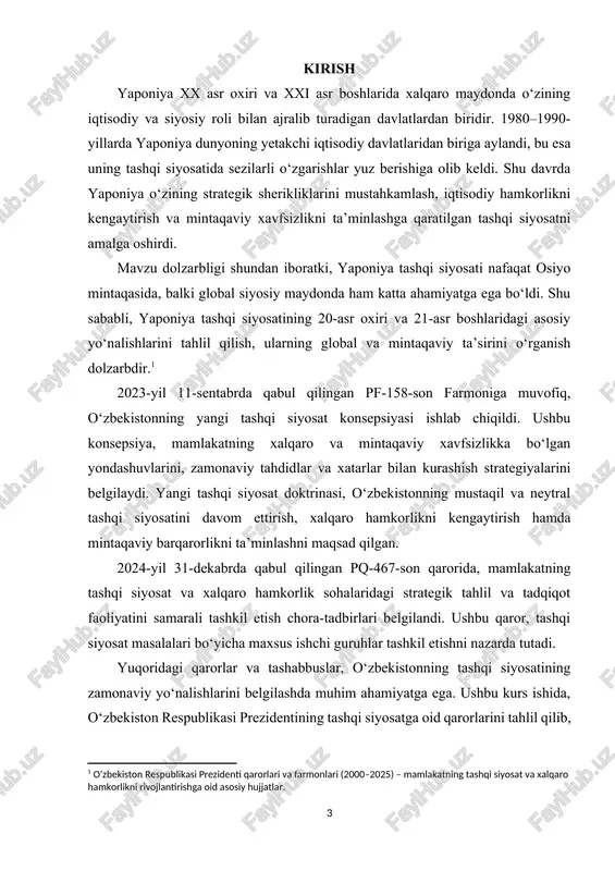 shunishga erishishdir. kurs ishining vazifalari: · yaponiya 20-asr oxiri tashqi siyosatining asosiy yo‘nalishlarini aniqlash; · xxi asr boshida yaponiya tashqi siyosatidagi o‘zgarishlarni tahlil qilish; · yaponiya tashqi siyosatini shakllantiruvchi ichki va tashqi omillarni o‘rganish; · yaponiya tashqi siyosatining mintaqaviy va global barqarorlikka ta’sirini baholash; · yaponiya tashqi siyosatining mintaqaviy integratsiya va iqtisodiy hamkorlikdagi ahamiyatini ko‘rsatish. kurs ishining obyekti va predmeti: · obyekti: yaponiya 20-asr oxiri va 21-asr boshlaridagi tashqi siyosat, xalqaro munosabatlar va strategik hamkorlik yo‘nalishlari. · predmeti: yaponiya tashqi siyosatidagi ichki va tashqi omillar, shuningdek, mintaqaviy va global siyosatga bo‘lgan ta’siri. kurs ishining nazariy va amaliy ahamiyati. nazariy ahamiyati: kurs ishi yaponiya 20-asr oxiri va 21-asr boshlaridagi tashqi siyosatini tahlil qilish orqali xalqaro munosabatlar va siyosiy strategiyalar sohasida nazariy bilimlarni mustahkamlashga yordam beradi. shu bilan birga, yaponiya tashqi siyosatidagi ichki va tashqi omillarni o‘rganish orqali davlatlarning strategik qaror qabul qilish mexanizmlari va mintaqaviy barqarorlikni ta’minlash yo‘nalishlari haqida chuqur tushuncha …