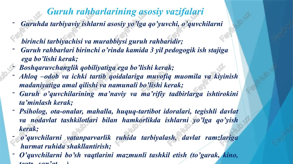 21-oktyabr o’zbek tiliga davlat tili maqomi berilgan kun”, “18-noyabr o’zbekiston respublikasi davlat bayrog’i tashkil qilingan kun”,”8-dekabr o’zbekisto respublikasi konstitutsiyasi qabul qilingan kun” ,”14-yanvar vatan himoyachilari kuni”,”8-mart xalqaro xotin-qizlar bayrami”, “21-mart navro’z umumxalq bayrami” da faol ishtiroki ta’minlab borildi. guruh rahbarlari tomonidan o’quvchilar ma’naviy-marifiy tadbirlarga jalb qilindi. kasb-hunar maktabi guruhlari o‘rtasida diniy bag‘rikenglik va millatlararo totuvlik g‘oyalarini keng targ‘ib qilish maqsadida diniy ulamolar bilan uchrashuvlar, ma’naviy-ma’rifiy tadbirlar uyushtirish. yoshlarda yot ta’sirlarga qarshi mustahkam immunitetni shakllantirish maqsadida “men diniy ekstremizm va terrorizm tahdidini qanday tushunaman”, “jaholatga qarshi ma’rifat” mavzularida davra suhbatlari, guruhlar o’rtasida insholar va rasmlar tanlovi hamda chellenchlar o’tkazib borildi. o’zbekiston respublikasi prezidenti sh. m. mirziyoyev raisligida 2019 yil 19 mart kuni yoshlarga e’tiborni kuchaytirish maqsadida o’tkazilgan videoselektor yig’ilishida takidlab o’tgan, yoshlarni ma’naviyatini yuksaltirish va ularning bo’sh vaqtini mazmunli tashkil etish buyicha 5 ta muhim tashabbusi ijrosini ta’minlash bo’yicha o’tkazilgan tadbirlar o’quv yili davomida guruhlar o’rtasida “milliy xalq o’yinlari” o’tkazib borildi …