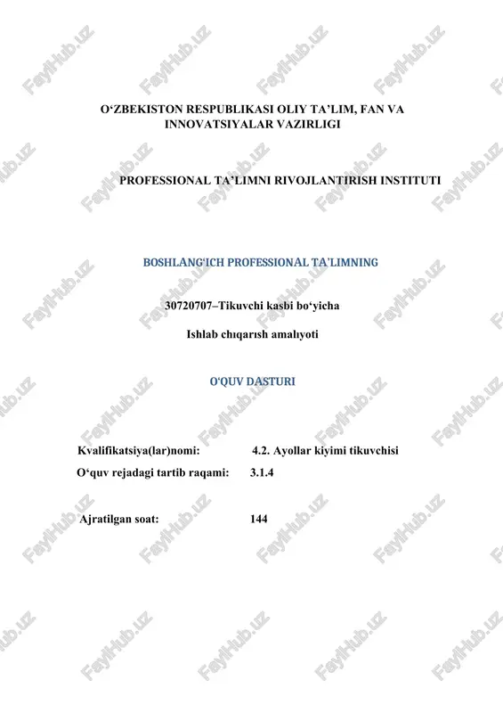 lim va ko‘nikmalarini baholash yozma, osg‘zaki, savol-javob, test, amaliy topshiriq 1. o‘quv dasturi mazmuni № mavzular nomi mavzuning qisqacha mazmuni shape \* mergeformat shape \* mergeformat shape \* mergeformat 1 korxona bilan umumiy tanishish. korxonaning qisqa tarixi,chiqarilayotgan maxsulotning assortimenti,korxonada ishlatilayotgan gazlamalarning xili bilan tanishish.asosiy materiallarni ta’mirlovchilari. korxonaning asosiy va yordamchi sexi. korxona boshqaruvining sxemasi. korxona bo‘limlari va uning funktsiyalari. korxonaning texnik-iqtisodiy ko‘rsatkichlari. mexnat muxofazasini o‘rganib chiqish. yonsg‘in muxofazasini qoidalari. korxonada shaxsiy gigiena qoidalari. korxonadagi shaxsiy gigiena qoidalari korxonadagi asosiy tsexlarning ishlar bilan tanishishi. 6 a 3 2 tayyorlov tsexi korxonaga keltirilayotgan gazlamalarning qabul qilishni tashkili. matolarni saqlash. matolarni sifatini tekshirish. matoni nuqsonlarini aniqlash. matolarning bo‘laklarini hisoblash. matolarni isrofgarchiliksiz va qoldiqsiz bichish. matoni bichish usullari. matoga andazalarni joylashtirish. qism hisobi. to‘shama uchun avra gazlamani, astarni, qotirmani tanlash. tayyorlov tsexining asbob va uskunalari 12 a 6 3 bichish tsexi bichish tsexini tashkil etish. matolarni to‘shash usullari, to‘shamalarini qirqish, bichish, komplektlash, nomerlash va …