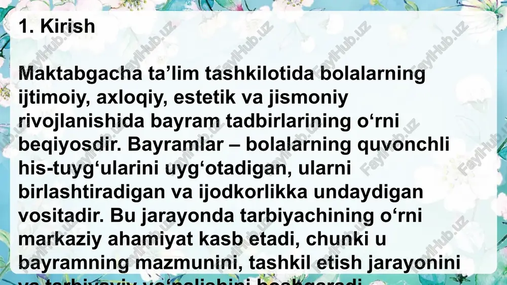 ladi. ular: liboslar tayyorlashda; sahna bezaklari, sovg‘alar tayyorlashda; tadbirda ishtirok etib, bolalarga ruhiy tayanch bo‘lishda faol qatnashadilar. 11. bayramlarda musiqiy va badiiy ifodaning ahamiyati musiqa, qo‘shiq, raqs, she’r — bayramlarning ajralmas qismidir. ular bolalarning: ritmni his etish, ovoz bilan ifoda qilish; estetik didini oshirish; badiiy tasavvurini kengaytirishiga xizmat qiladi. 12. bayram tadbirlarining bosqichlari 1. tayyorgarlik bosqichi: ssenariy yozish, rollarni taqsimlash, repetitsiyalar. 2. asosiy bosqich: tadbirni o‘tkazish, bolalarning chiqishlari. 3. tahlil bosqichi: bayramdan so‘ng natijalarni muhokama qilish, xatolarni tahlil etish, rag‘batlantirish. 14. bayram tadbirlarining bolalar psixologiyasiga ta’siri bayram tadbirlari bolalarda: o‘ziga ishonch, sahna madaniyati; emosional muvozanat; qiziqish, zavq va ijobiy his-tuyg‘ularni uyg‘otadi. ular bu jarayonda o‘zini jamiyatning faol a’zosi sifatida his qiladi, bu esa kelgusida ijtimoiy moslashuvni osonlashtiradi. 13. tarbiyachining innovatsion yondashuvlari zamonaviy tarbiyachilar bayram tadbirlarida quyidagi yangicha usullardan foydalanadilar: multimedia taqdimotlar; interfaol o‘yinlar va sahna performanslari; video lavhalar orqali ota-onalarga namoyish; raqamli bezaklar, ekran sahnalari. 13. tarbiyachining innovatsion yondashuvlari zamonaviy …