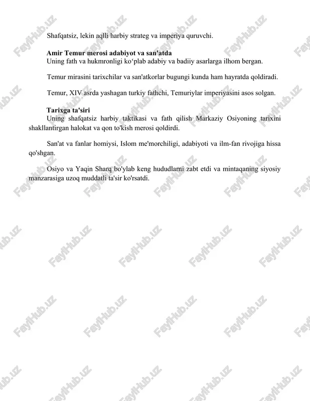 etib tarixda oʻchmas iz qoldirgan. uning harbiy mahorati va shafqatsizligi uni oʻz davrining eng kuchli hukmdorlaridan biriga aylantirgan. foydalanilgan adabiyotlar here are the translations in uzbek latin script: 1. **"temur tarixi"** sharofiddin yazdiy tomonidan. bu 15-asrda yozilgan fors tilidagi tarixiy yilnoma temurning hayoti va hukmronligi haqidagi eng muhim birlamchi manbalardan biri hisoblanadi