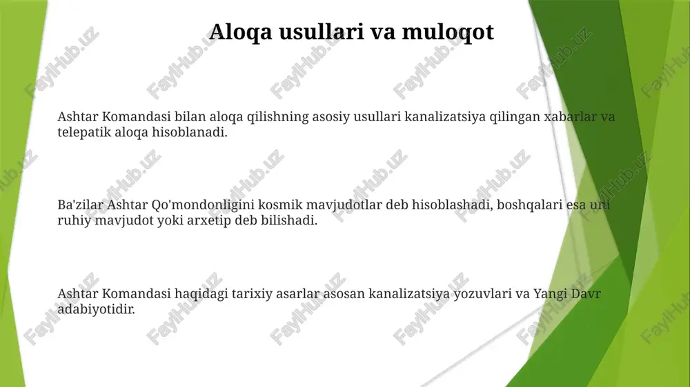gi tarixiy asarlar, asosan, jorj van tasselning yozuvlari va 1950-yillardagi ufo isitmasiga borib taqaladi. ba'zi teolojik talqinlar ashtar komandasiyani injil bashoratlarining o'rin topishi deb hisoblasa, boshqalari uni jin yoki aldamchi kuchlarning namoyon bo'lishi deb ko'radilar. ashtar qo'mondonligi ko'pincha yangi davr va ufo e'tiqodlari bilan bog'liq bo'lib, insoniyat ishlariga aralashadigan xayrixoh kosmik kuch sifatida talqin etiladi. kelib chiqishi va dastlabki eslatmalar "ashtar komandasi" haqidagi asosiy asarlar orasida patrisiya spadaroning "ashtar komandasi: boshlang'ich uchun qo'llanma" va jon learning "ashtar komandasi: ma'naviy ma'rifatga yo'l" kitoblari bor. ashtar command haqidagi ilk eslatmalar, "kosmik birodar" va "kosmik fitna" kabi kontaktchi adabiyotlarida uchraydi. ashtar buyrug'i 1950-yillarda jorj van tasselning kanal qilingan yozuvlaridan kelib chiqqan. hozirgi kunda ashtar qo'mondonligi faoliyati ashtar qo'mondonligi turli kitoblar va kanalizatsiyalangan yozuvlar mavzusi bo'lgan. hozirgi kunda ashtar buyrug'i haqida aniq dalil yo'q. ashtar qo'mondonligi, asosan yangi davr va ruhiy harakatlardan kelib chiqqan ufo hodisasi. e'tiboringiz uchun rahmat @taqdimot_robot