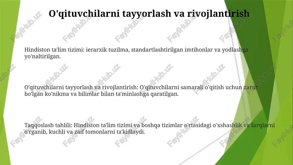 . hindiston ta'lim tizimining asosiy xususiyatlari yodlashga asoslangan o'qitish, standartlashtirilgan testlar va kasb-hunar ta'limi. keng ko'lamli, xilma-xil va mustamlaka merosiga kuchli ta'sir ko'rsatgan. zamonaviy ehtiyojlarga moslashuvchanlik, sifat va tegishlilikdagi muammolarga duch kelish. hindiston ta'lim tizimi qarshisidagi qiyinchiliklar. yetarli infrastruktura va resurslar yo'qligi: sifatli o'quv muhitlariga, texnologiyalarga va malakali o'qituvchilarga, ayniqsa qishloq joylarda kirish imkoniyatlarining cheklanganligi. ijtimoiy va iqtisodiy tengsizliklar: ijtimoiy-iqtisodiy kelib chiqishi, kasta, jins va joylashuvga qarab ta'limga kirishdagi farqlar teng imkoniyatlarga to'sqinlik qiladi. ta'lim sifati: dastur dolzarbligini, o'qitish uslublarini va baholash amaliyotlarini qamrab oluvchi tashvishlar amaliy ko'nikmalar va global ehtiyojlar bilan uzviy bog'liqlikni yo'qotib qo'ymoqda. taqqoslash analizi: rivojlangan mamlakatlar ta'lim tizimlari bu tizimlarni solishtirish hindiston uchun o'quv dasturini isloh qilish, moliyalashtirishni ko'paytirish va o'qituvchilarni tayyorlashga e'tibor qaratish orqali yaxshilanish imkoniyatlarini ochib beradi. rivojlangan mamlakatlarning ta'lim tizimlari sifatga, standartlashtirilgan o'quv dasturlariga va oliy ma'lumotga erishish imkoniyatiga ustunlik beradi. e'tiboringiz uchun rahmat @taqdimot_robot
