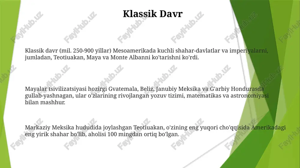 n. mesoamerika madaniyatlarining qulashi aholining ko'payishi va intensiv qishloq xo'jaligi resurslarning tugashga olib keldi va bu tsivilizatsiyalarni qo'llab-quvvatlash uchun atrof-muhitning imkoniyatlarini cheklab qo'ydi. siyosiy beqarorlik va mojaro, jumladan urush va ijtimoiy notinchlik, bu jamiyatlarni yanada zaiflashtirdi va ularning tanazzulga yuz tutishida o'z hissasini qo'shdi. o'rmonlarni yo'q qilish, tuproq eroziyasi va qurg'oqchilik kabi atrof-muhitning yomonlashuvi mesoamerika tsivilizatsiyalarining qulashiga sezilarli ta'sir ko'rsatdi. tolteklar tsivilizatsiyasi miloddan keyin 900 yildan 1168 yilgacha markaziy meksikada rivojlangan, ajoyib arxitekturasi va murakkab madaniyati bilan tanilgan murakkab tsivilizatsiya. tula, teotihuacan va chichen itza kabi muhim markazlar bor edi. rivojlangan qishloq xo'jaligi, kuchli harbiy kuch va murakkab diniy tizim bilan ajralib turadi. e'tiboringiz uchun rahmat @taqdimot_robot