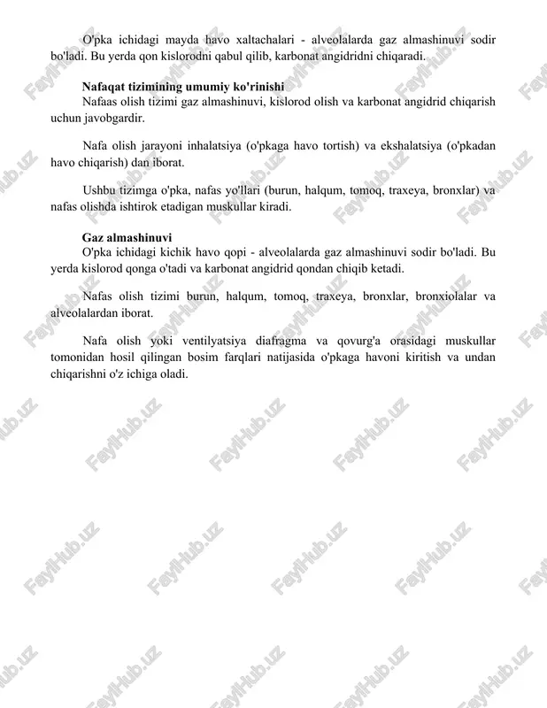 iolalar va alveolalardan iborat. nafa olish yoki ventilyatsiya diafragma va qovurg'a orasidagi muskullar tomonidan hosil qilingan bosim farqlari natijasida o'pkaga havoni kiritish va undan chiqarishni o'z ichiga oladi. xulosa o'pka va nafas yo'llari tizimidan tashkil topgan nafas olish tizimi tanani kislorod bilan ta'minlash va karbonat angidridni chiqarish orqali gaz almashinuvini samarali amalga oshiradi. uning murakkab anatomiyasi va fiziologiyasi hayotni rivojlantirish uchun zarur bo'lgan nafas olishning muhim jarayonini ta'minlaydi. foydalanilgan adabiyotlar 1. tortora, g. j., derrickson, b. (2017). anatomiya va fiziologiya prinsiplari (15-nashr). wiley. 2. marieb, e. n., hoehn, k. (2019). inson anatomiyasi va fiziologiyasi (10-nashr). pearson education. 3. mckinley, m. p., o'loughlin, v. d. (2019)