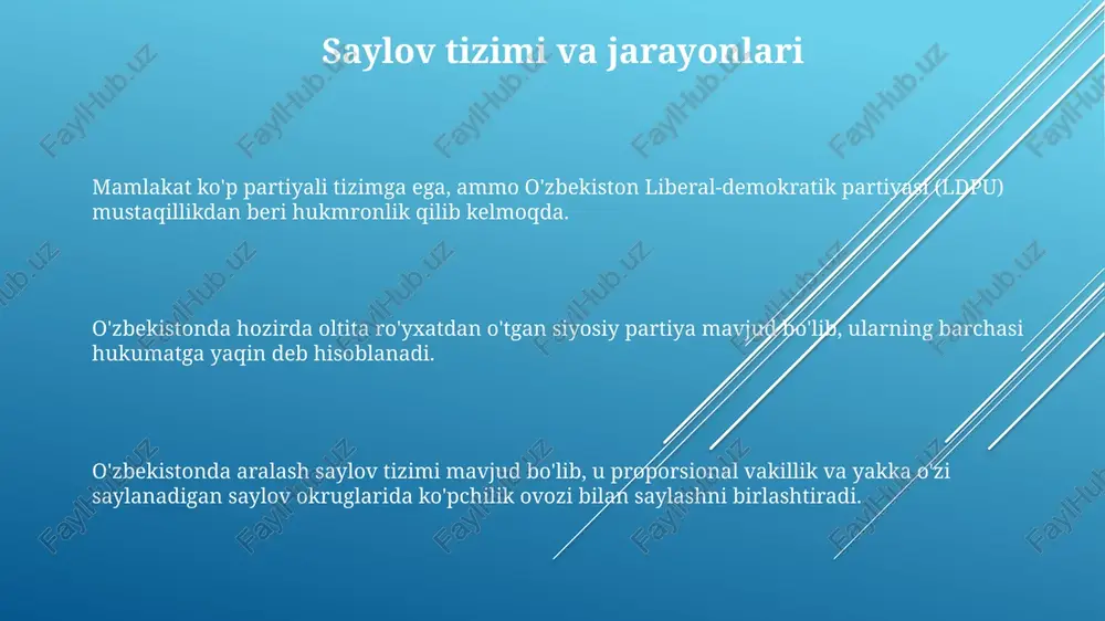 ishni rag'batlantirish va raqobatbardosh siyosiy muhitni shakllantirishni o'z ichiga oladi. o'zbekistonda siyosiy tizim ko'p partiyali tizimga o'tish yo'lida, lekin hukmron partiya hali ham sezilarli darajada ustunlikka ega. kelajakdagi rivojlanish uchun asosiy qiyinchiliklar saylovlarning adolatliligi haqidagi tashvishlarni bartaraf etish, ommaviy axborot vositalarining mustaqilligini targ'ib qilish va barcha siyosiy aktyorlar uchun teng sharoitlarni ta'minlashni o'z ichiga oladi. o'zbekiston adolat sotsial-demokratik partiyasi oʻzbekistonda koʻp partiyali tizim mavjud boʻlib, saylovlarda qatnashadigan bir nechta roʻyxatdan oʻtgan partiyalar mavjud. adolat sotsial-demokratik partiyasi markaz-chap partiya hisoblanib, ijtimoiy adolat va iqtisodiy rivojlanishni himoya qiladi. o'zbekiston adolat sotsial-demokratik partiyasi o'zbekistonda ro'yxatdan o'tgan siyosiy partiya. mustaqillikka o'tish rasmiy ko'p partiyali tizimga qaramay, hukmron partiya siyosiy maydonda katta ta'sirga ega. o'zbekiston 1991 yilda sovet ittifoqidan mustaqilligini e'lon qilib, ko'p partiyali tizimga ega prezidentlik respublikasi tashkil etdi. dastlabki yillar oʻzbekiston xalq demokratik partiyasi (oxdp) tomonidan boshqarilgan, lekin 1990-yillarning oxirida oʻzbekiston liberal demokratik partiyasi muhim raqib sifatida paydo boʻldi. o'zbekiston ekologik partiyasi o'zbekiston …