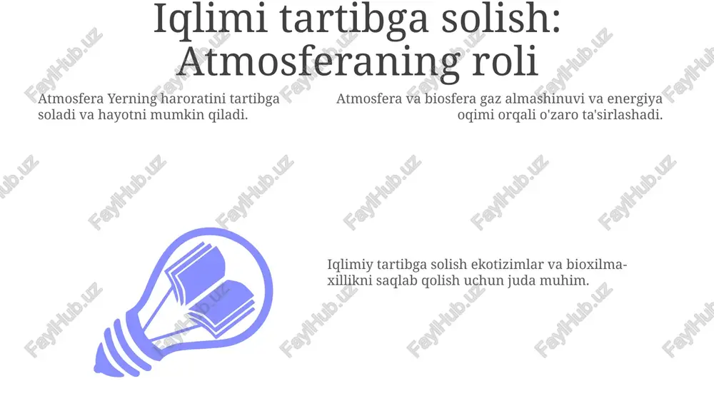 rod va fotosintez uchun karbonat angidrid beradi. o'rmonlarning ahamiyati: karbon saqlash va kislorod ishlab chiqarish 01 02 03 o'rmonlar iqlim o'zgarishini yumshatish uchun katta miqdorda uglerodni saqlaydi. atmosfera va biosferaning salomatligi bir-biriga bog'liq bo'lib, hayotni davom ettirish uchun muhimdir. o'rmonlar yer yuzidagi barcha hayot uchun zarur bo'lgan kislorodni ishlab chiqaradi. sales 1st qtr 2nd qtr 100 0 sales 1st qtr 2nd qtr 100 0 sales 1st qtr 2nd qtr 100 0 kelajakdagi muammolar: iqlim o'zgarishi va ekologik muammolarni hal qilish iqlimiy o'zgarishlar biosferaga jiddiy tahdid soladi. ekologik tizimlarni himoya qilish va tiklash iqlim o'zgarishini yumshatish uchun juda muhimdir. atrof-muhit muammolarini hal qilish global va hamkorlikdagi yondashuvni talab qiladi. biogeokimyoviy tsikllar: o'zaro bog'liqlik atmosfera hayot uchun zarur bo'lgan kislorod va karbonat angidrid kabi gazlarni ta'minlaydi va fotosintez va nafas olish kabi jarayonlar orqali biosfera bilan o'zaro ta'sir qiladi. biogeokimyoviy tsikllar muhim elementlarni tirik organizmlar va atrof-muhit orqali harakatlanishini o'z ichiga oladi. …